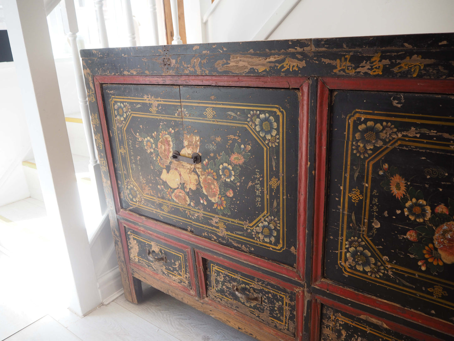 Antique Chinese 19th-Century Hand-Painted Elm Chest / Storage Cupboard