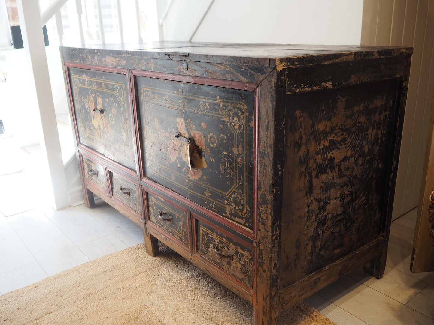 Antique Chinese 19th-Century Hand-Painted Elm Chest / Storage Cupboard