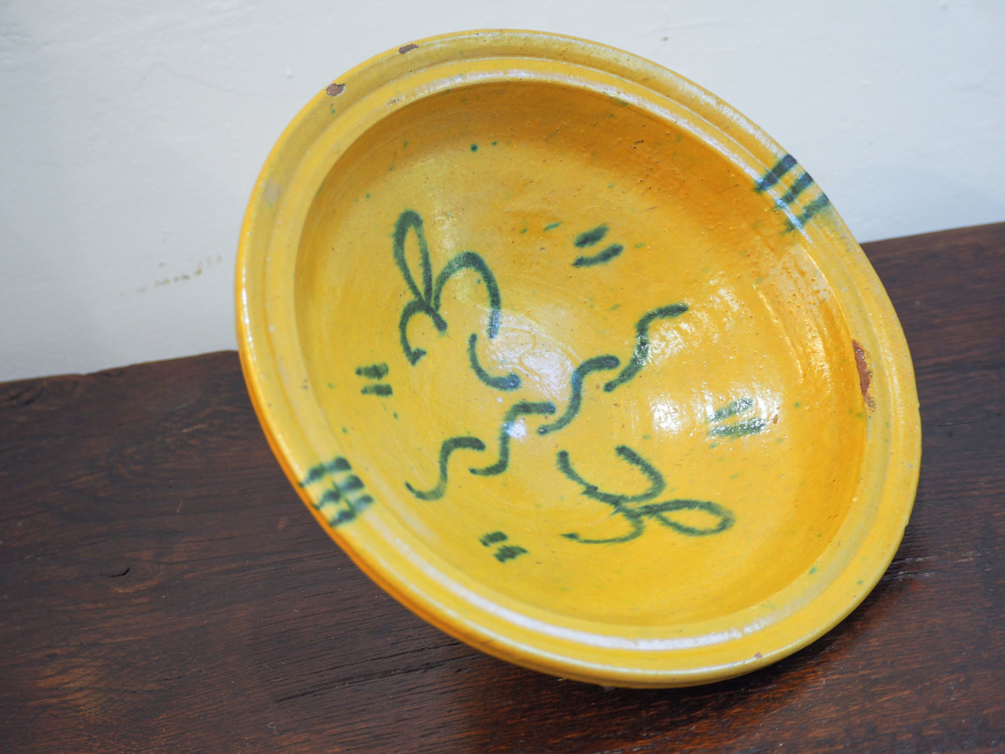 Vintage Antique Spanish Medium Yellow & Green Glazed Bowl