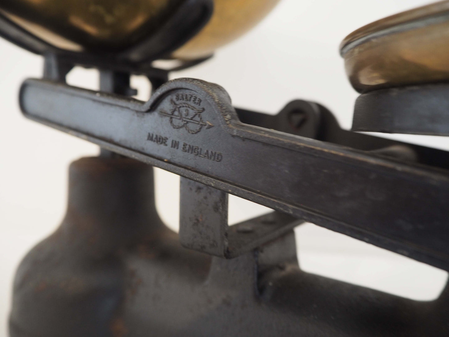 Vintage Antique Salter Black Cast Iron Kitchen Weighing Scales with Weights and Brass Pans
