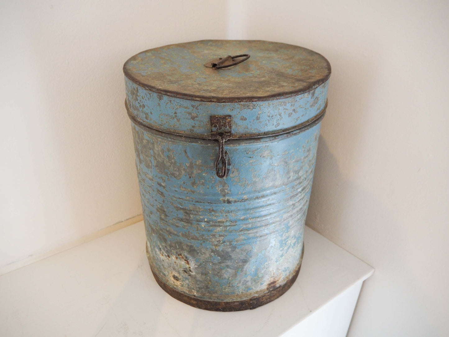 Vintage Blue Painted Metal Vintage Indian Rice Storage Drum / Bin / Laundry Basket - Early 20th Century