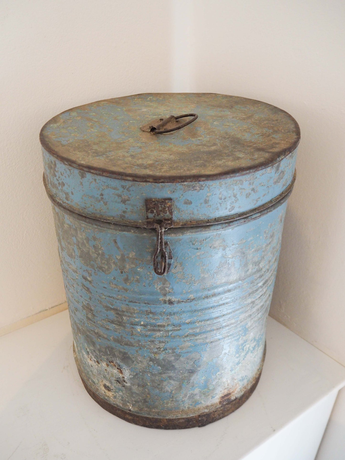 Vintage Blue Painted Metal Vintage Indian Rice Storage Drum / Bin / Laundry Basket - Early 20th Century