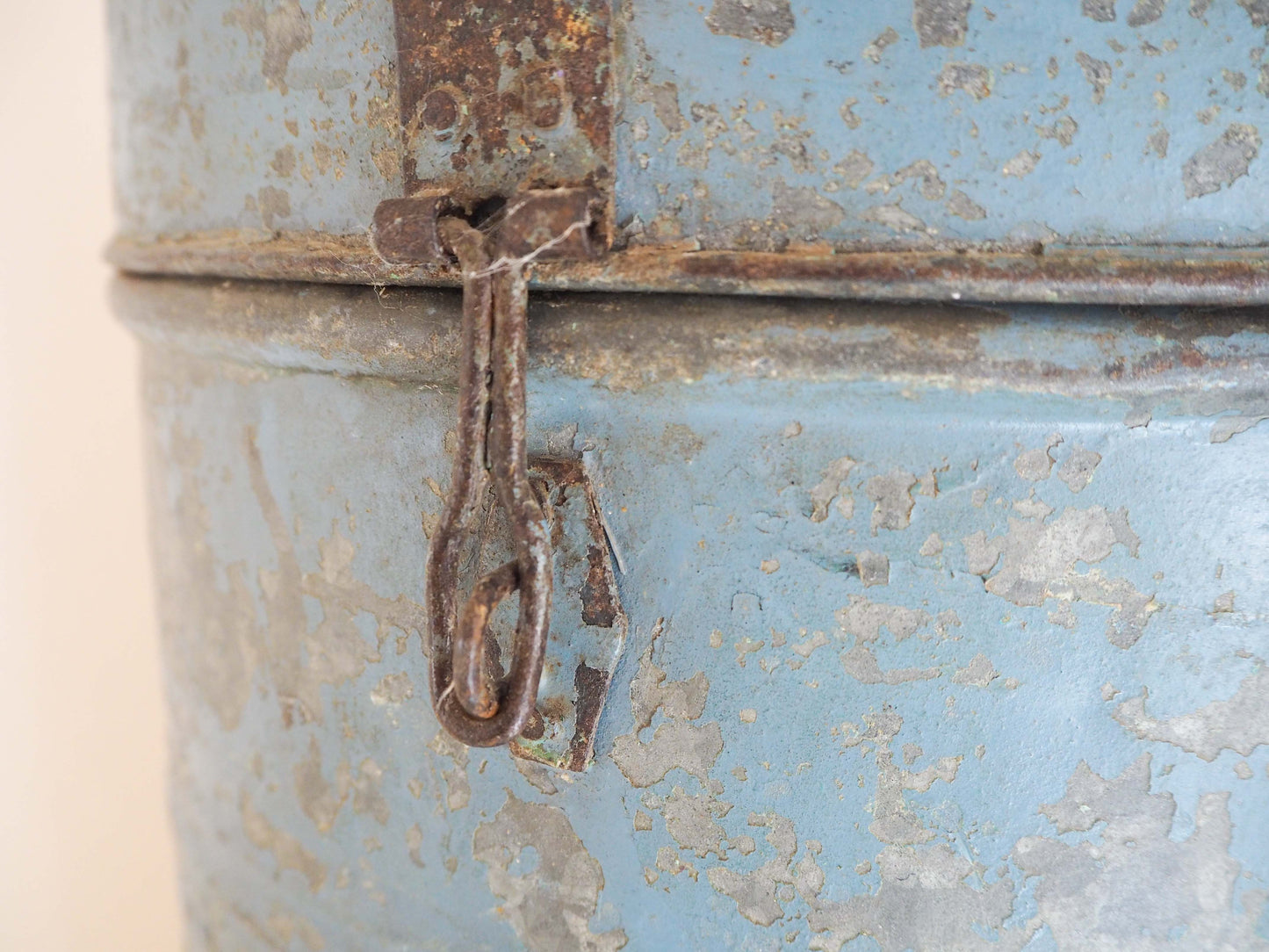 Vintage Blue Painted Metal Vintage Indian Rice Storage Drum / Bin / Laundry Basket - Early 20th Century