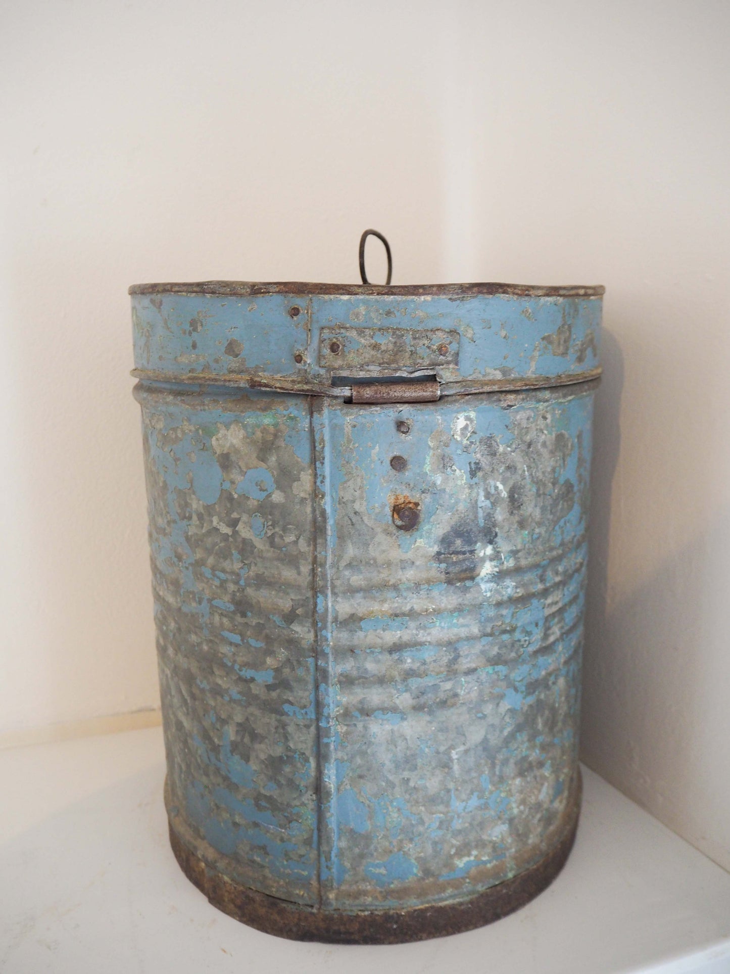 Vintage Blue Painted Metal Vintage Indian Rice Storage Drum / Bin / Laundry Basket - Early 20th Century