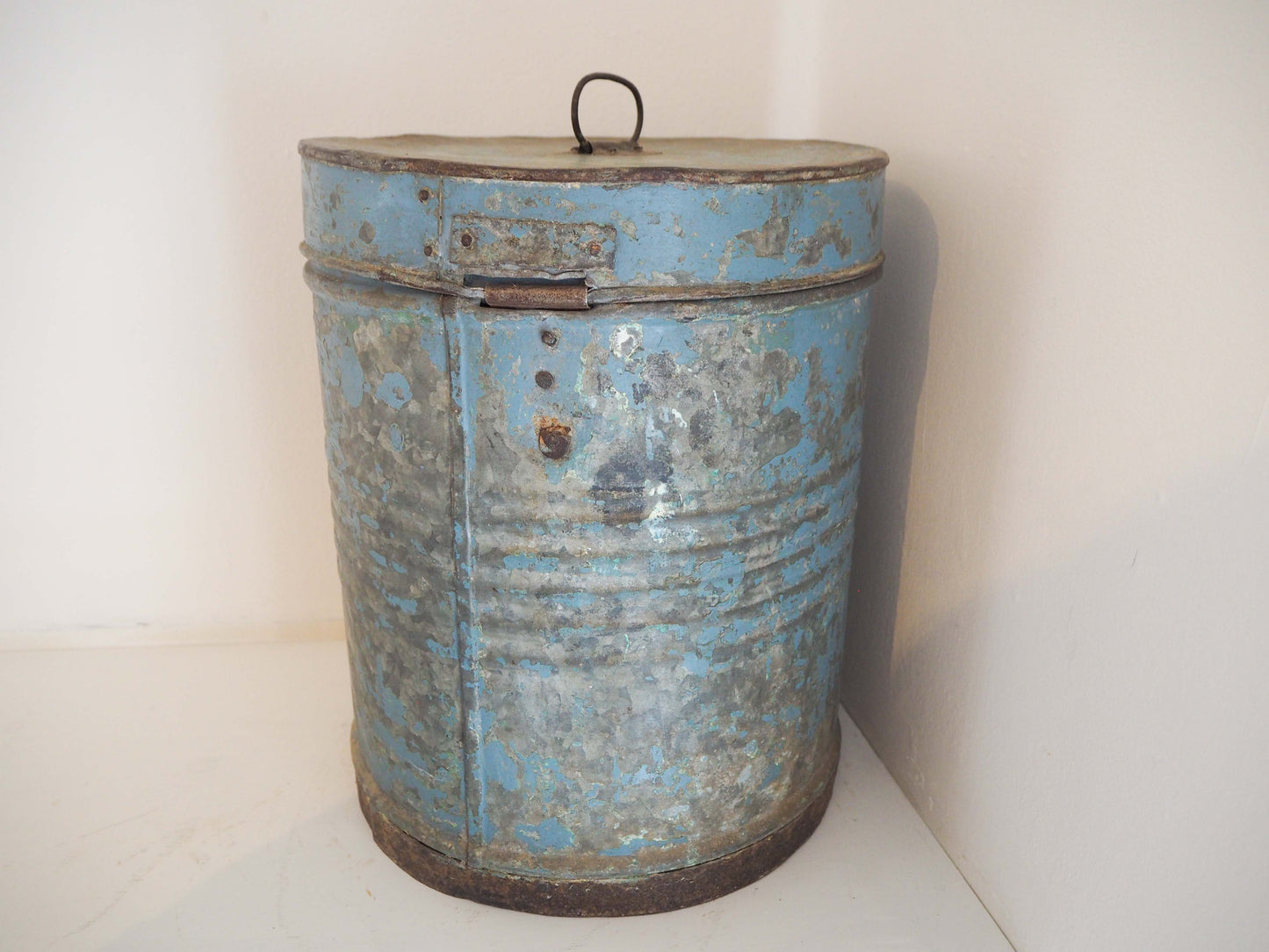 Vintage Blue Painted Metal Vintage Indian Rice Storage Drum / Bin / Laundry Basket - Early 20th Century