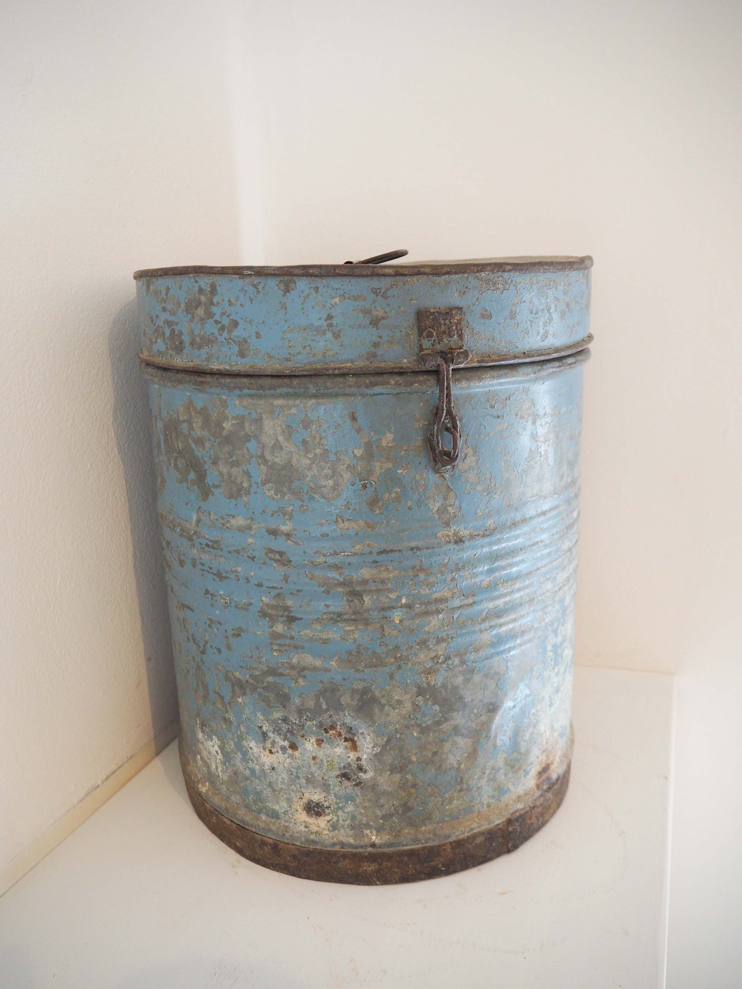 Vintage Blue Painted Metal Vintage Indian Rice Storage Drum / Bin / Laundry Basket - Early 20th Century