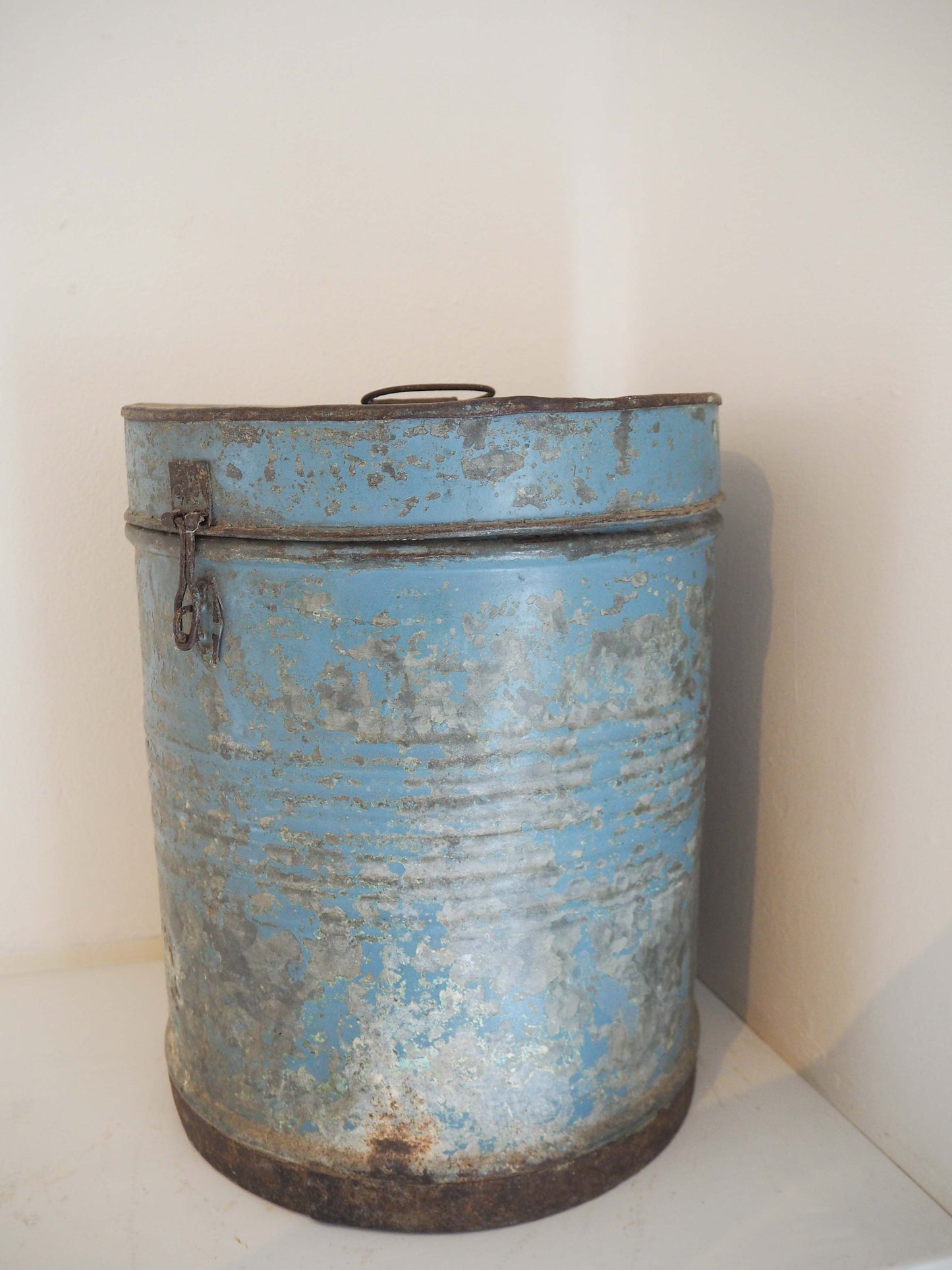 Vintage Blue Painted Metal Vintage Indian Rice Storage Drum / Bin / Laundry Basket - Early 20th Century