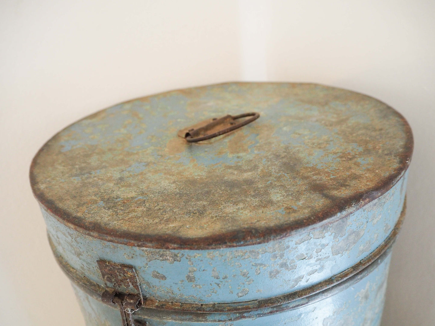 Vintage Blue Painted Metal Vintage Indian Rice Storage Drum / Bin / Laundry Basket - Early 20th Century