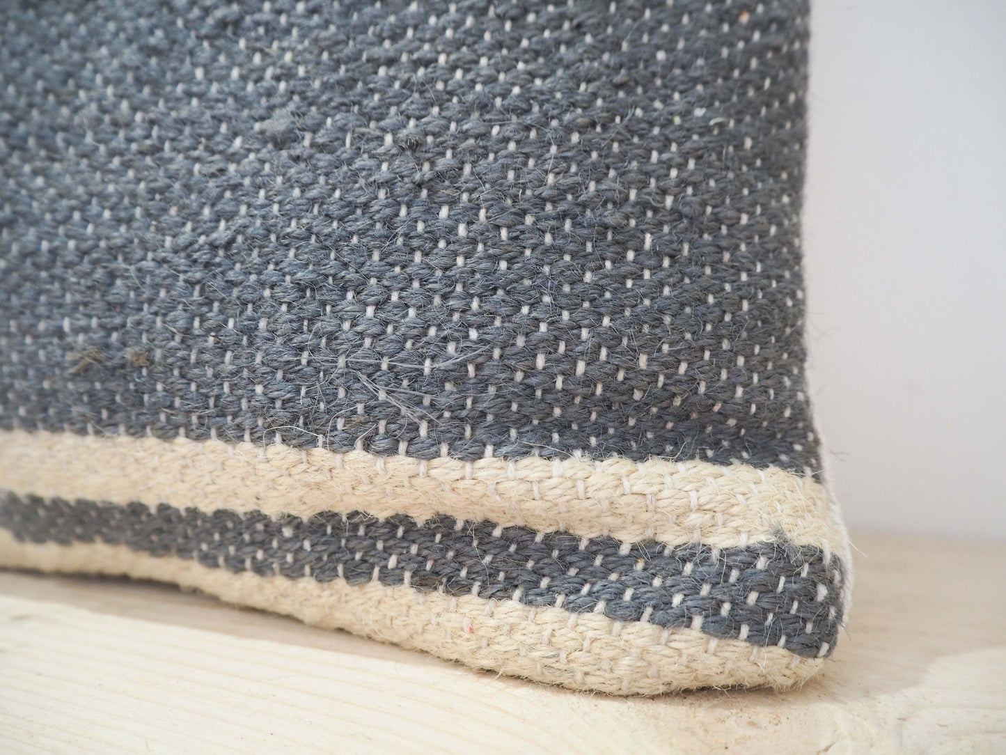 Vintage Style Jute Geometric Rectangular Cushion / Navy Blue & Cream