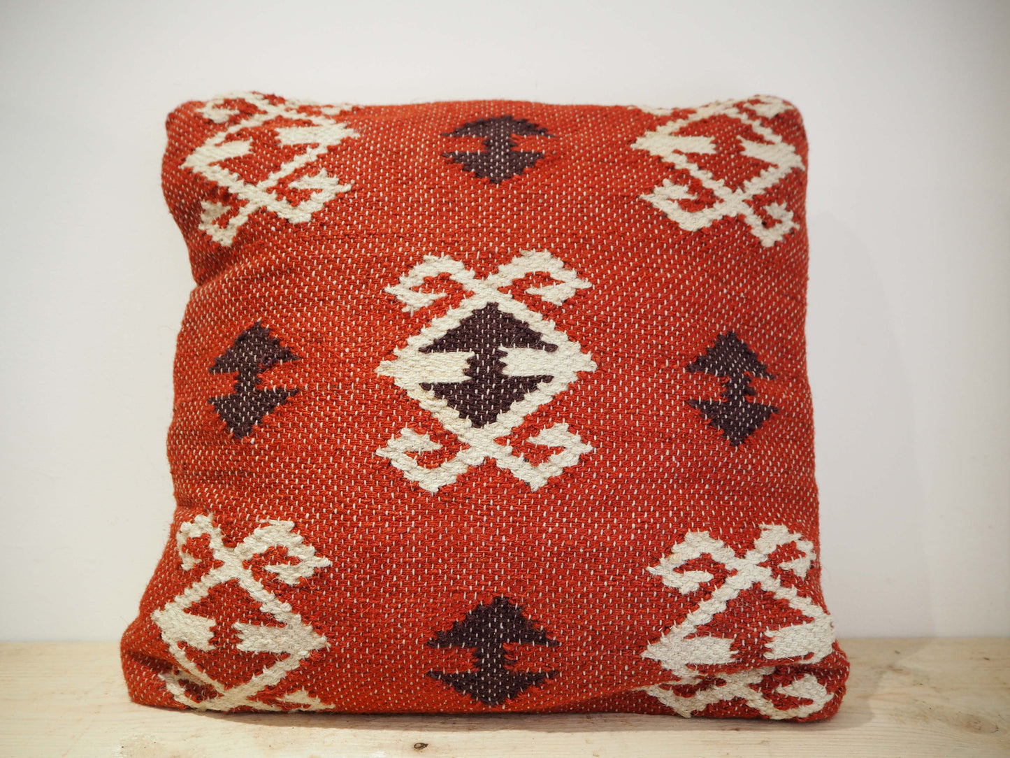Vintage Style Jute Geometric Square Cushion / Red & Natural Tones