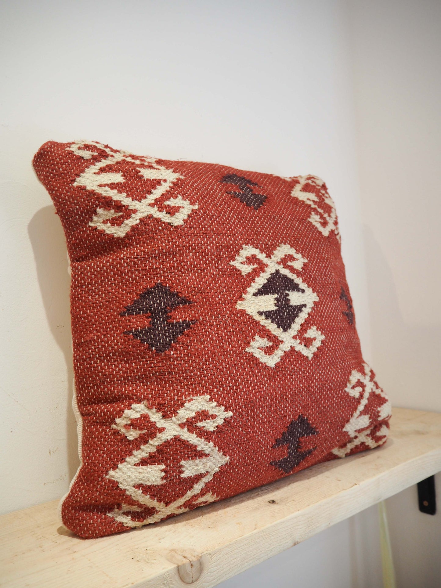 Vintage Style Jute Geometric Square Cushion / Red & Natural Tones