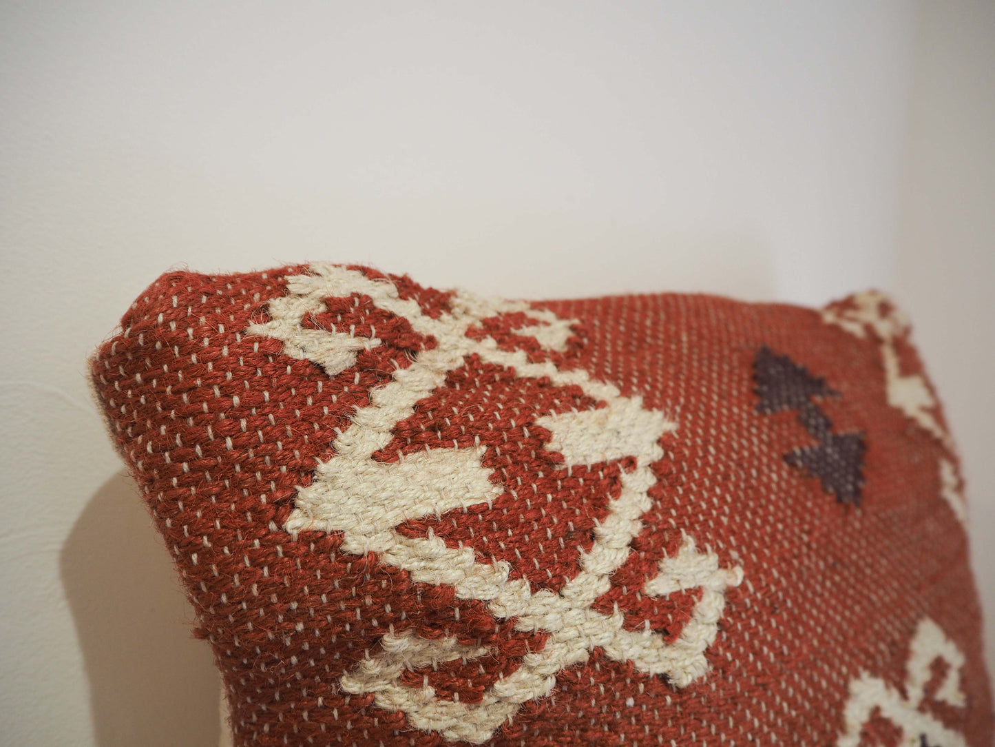 Vintage Style Jute Geometric Square Cushion / Red & Natural Tones