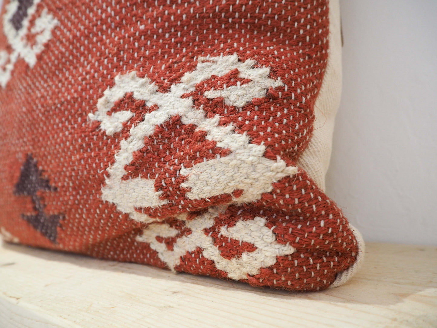 Vintage Style Jute Geometric Square Cushion / Red & Natural Tones