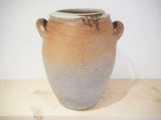 Vintage Large Antique Rustic French Handmade Olive Confit Pot With Double Handle / Kitchen Storage Jar