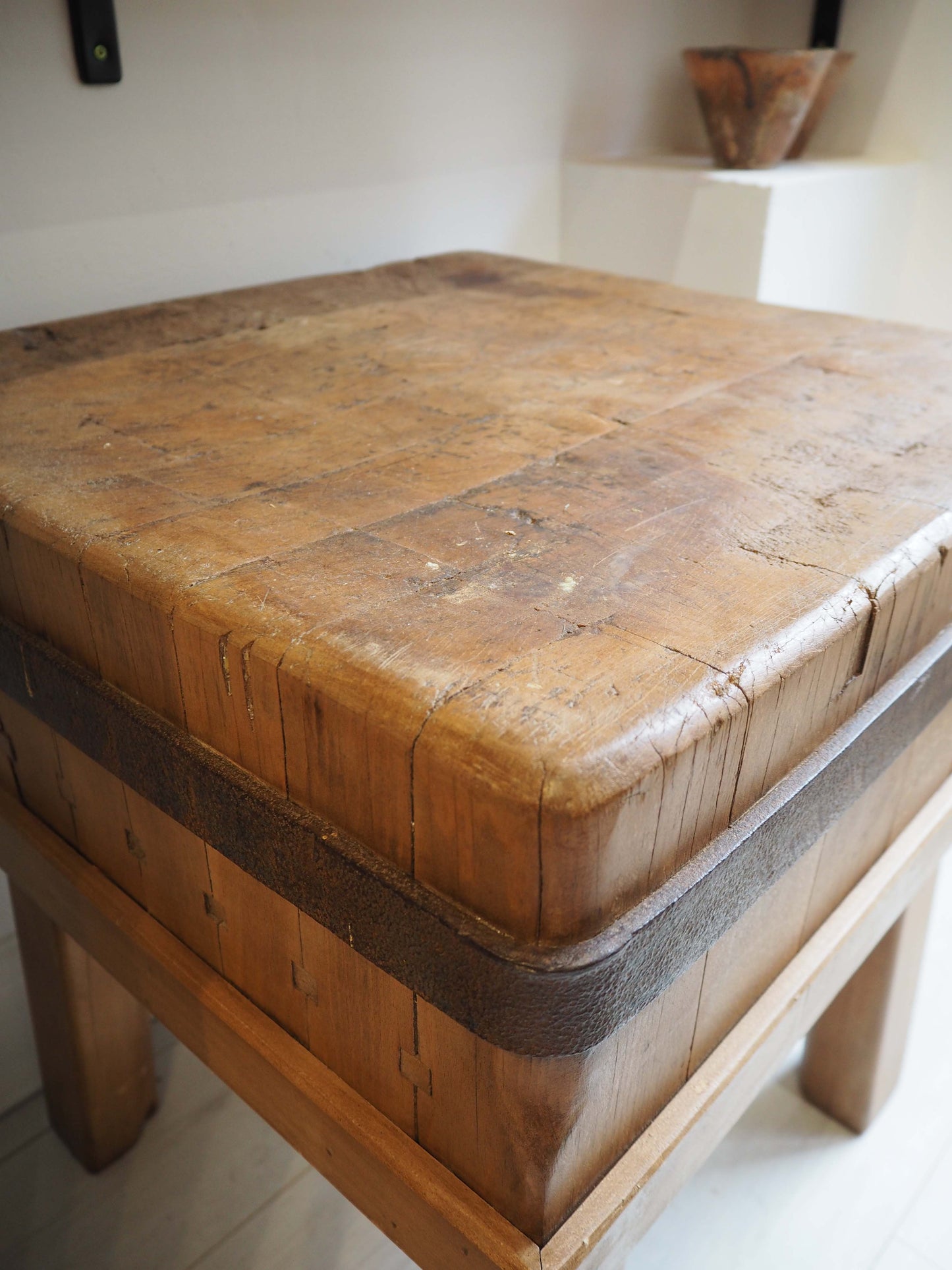 Vintage Antique 20th Century Square Butchers Block on Wooden Stand / Decorative Side Table