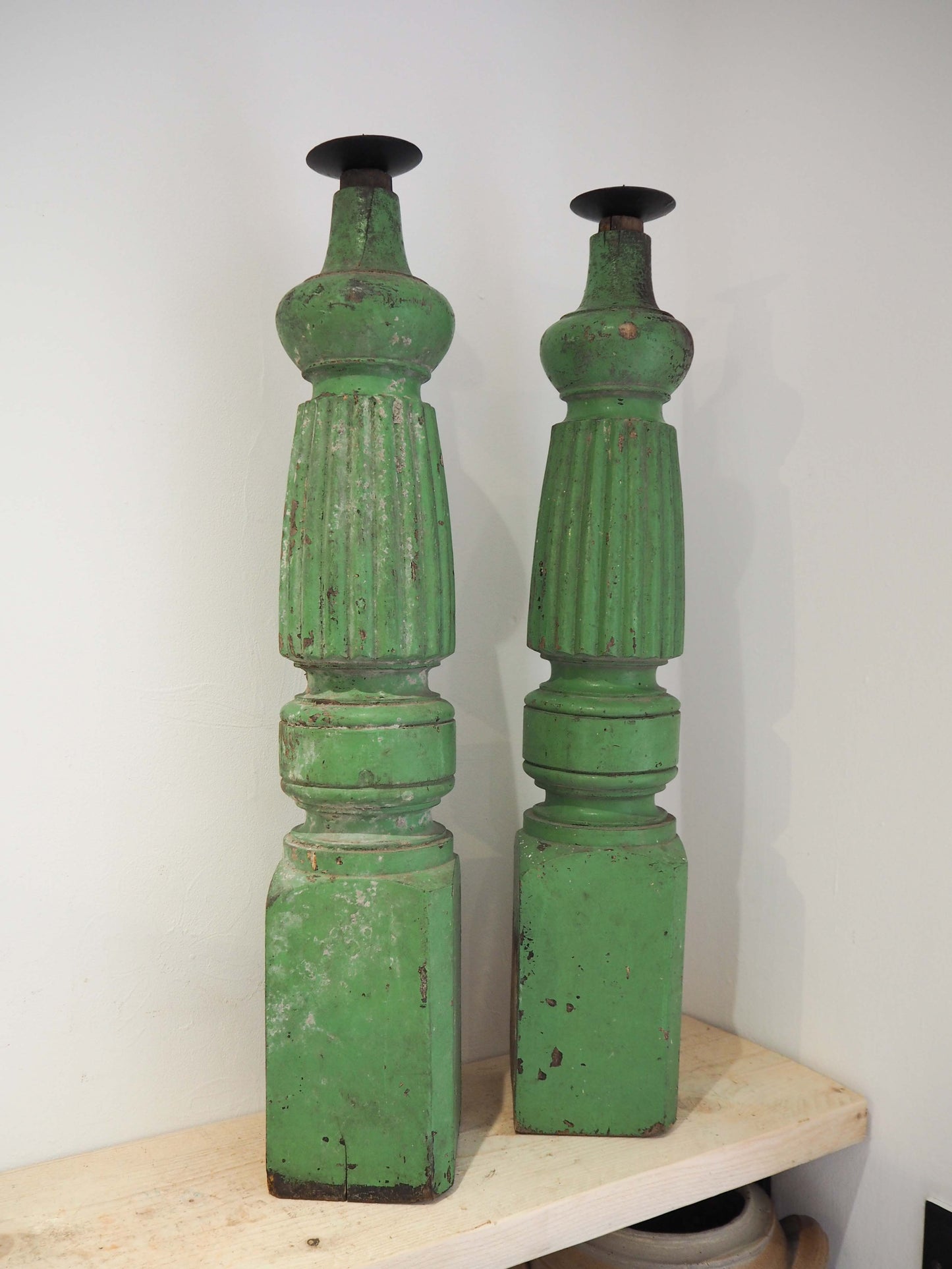 Vintage Pair of Old Green Painted Table Legs Converted to Candlestick Holders (Sold as a Pair)