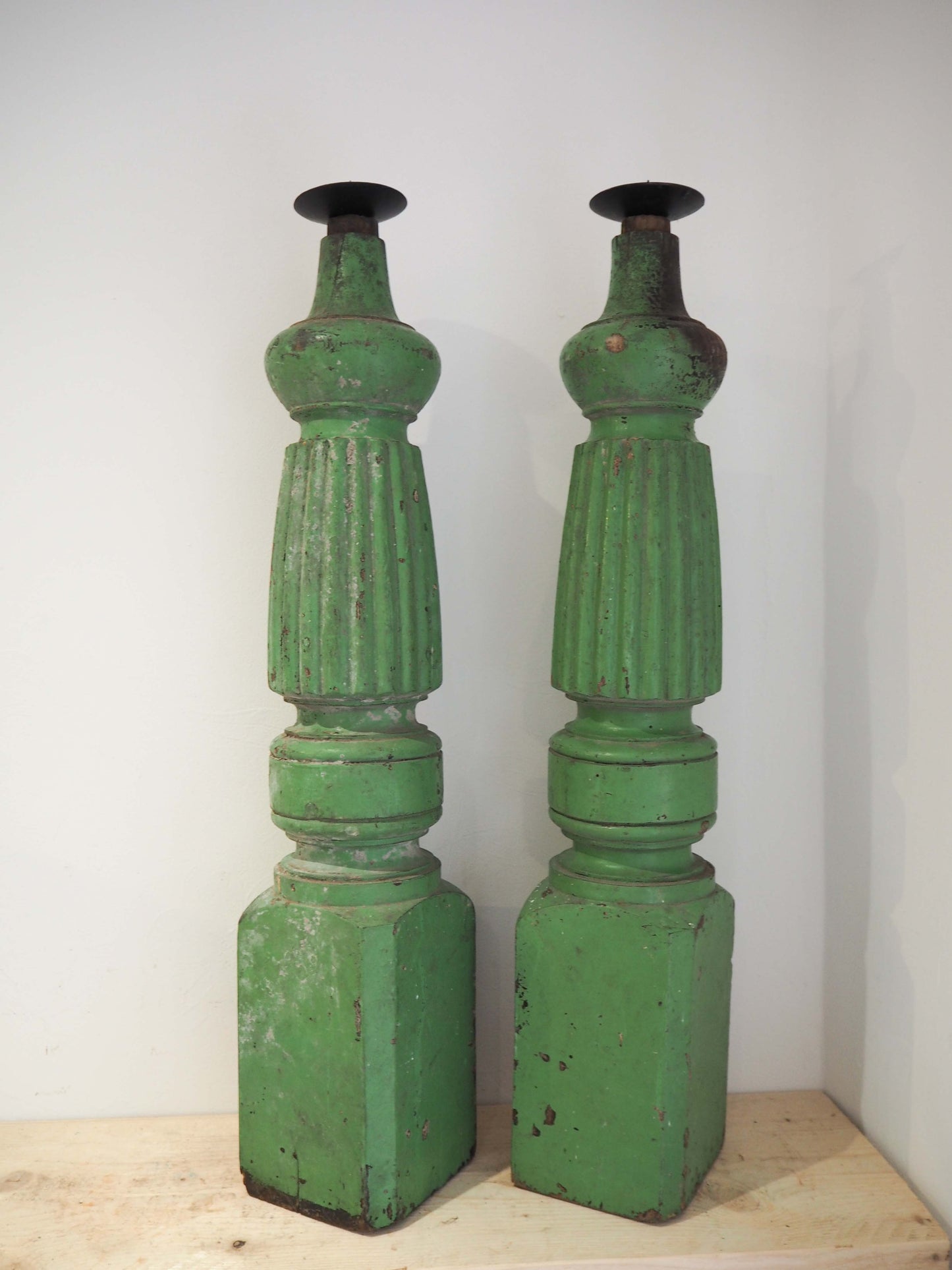 Vintage Pair of Old Green Painted Table Legs Converted to Candlestick Holders (Sold as a Pair)