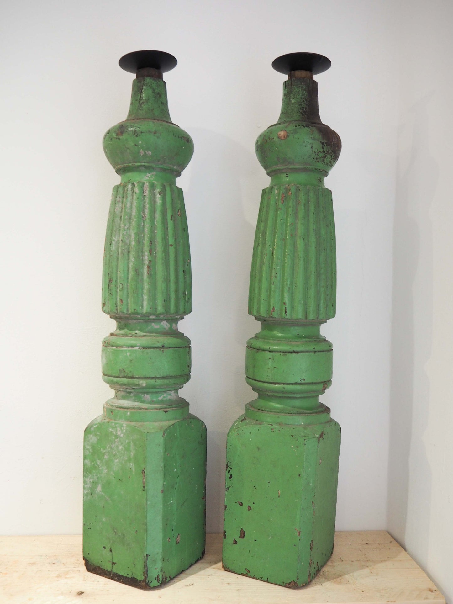 Vintage Pair of Old Green Painted Table Legs Converted to Candlestick Holders (Sold as a Pair)