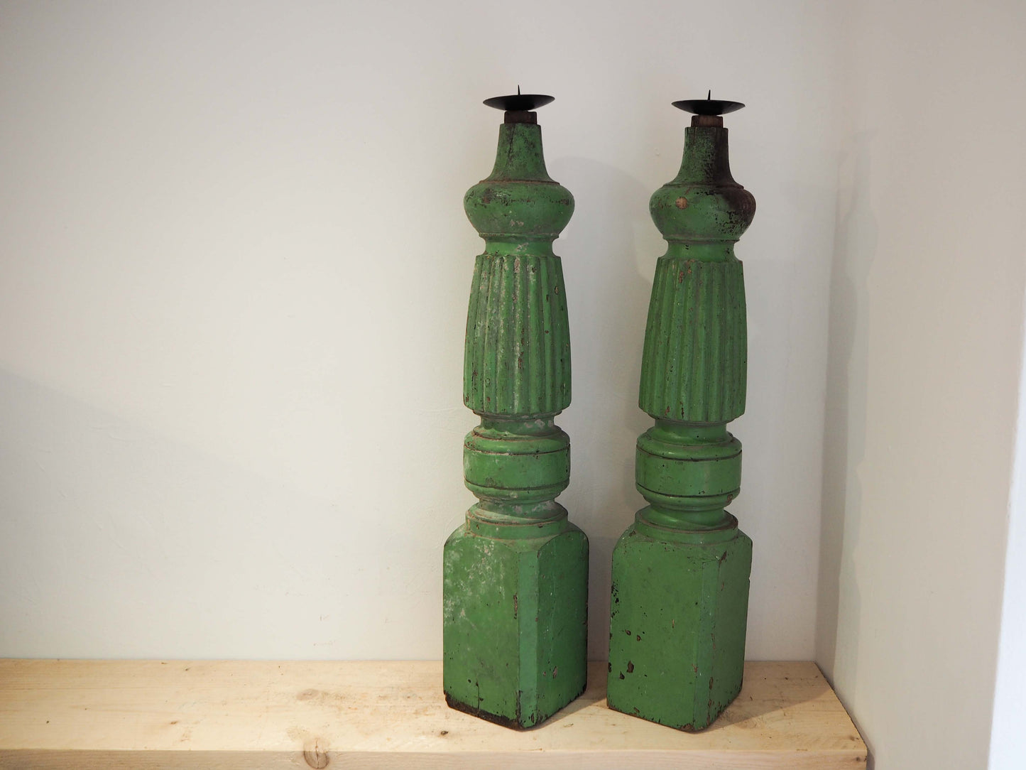 Vintage Pair of Old Green Painted Table Legs Converted to Candlestick Holders (Sold as a Pair)