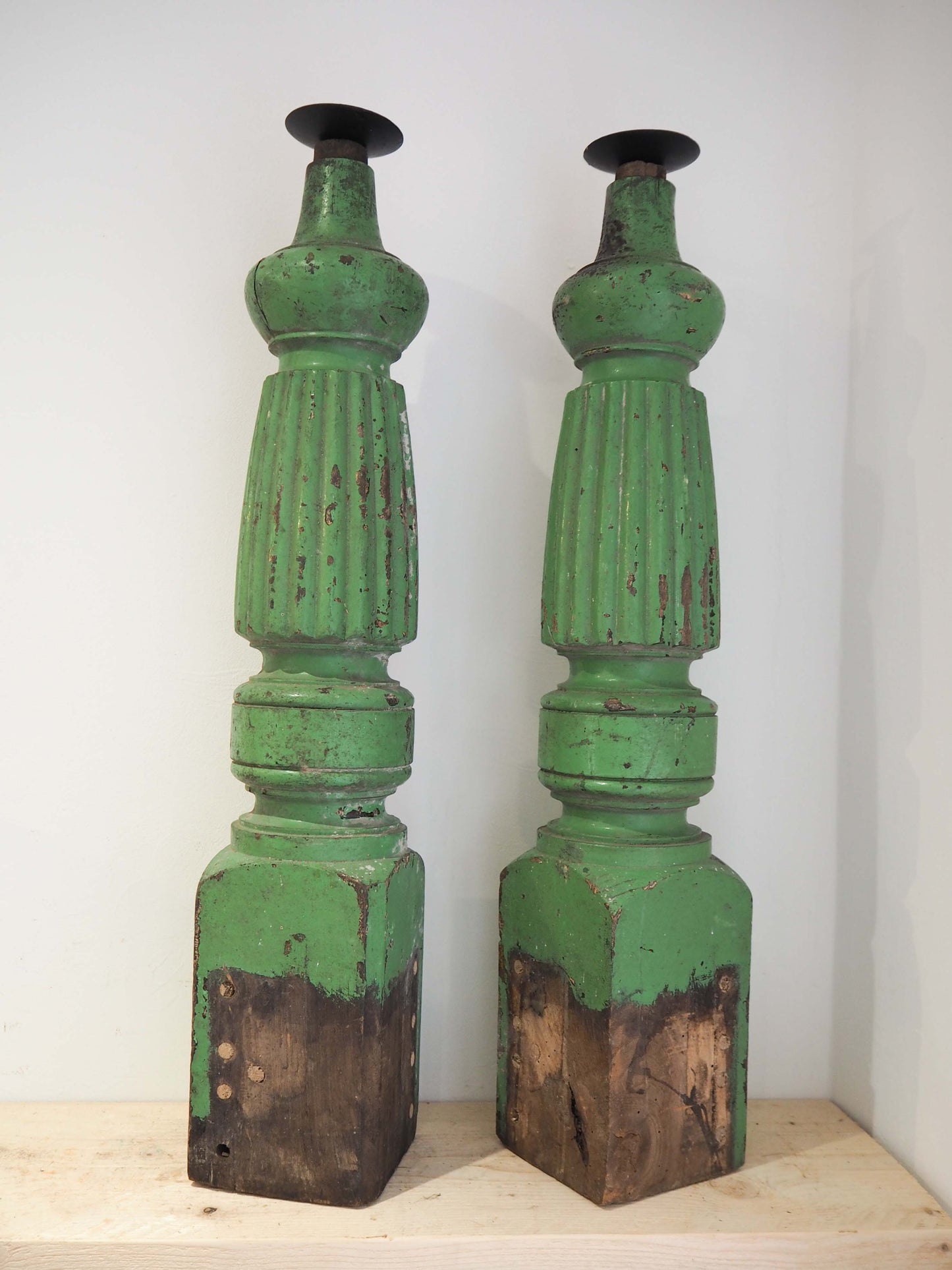 Vintage Pair of Old Green Painted Table Legs Converted to Candlestick Holders (Sold as a Pair)