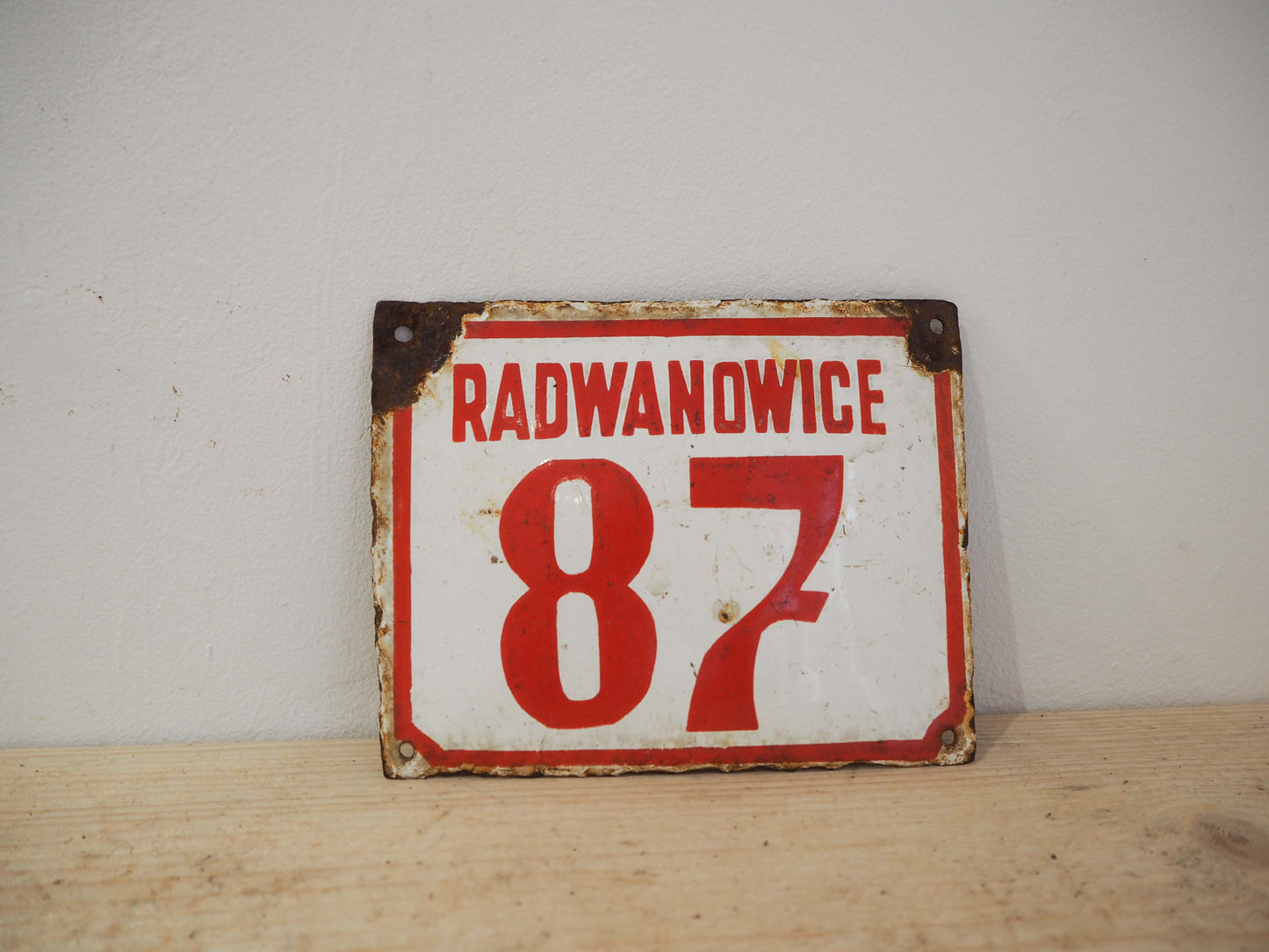 Vintage Antique Polish Metal Enamel Red and White Street Sign / Artwork