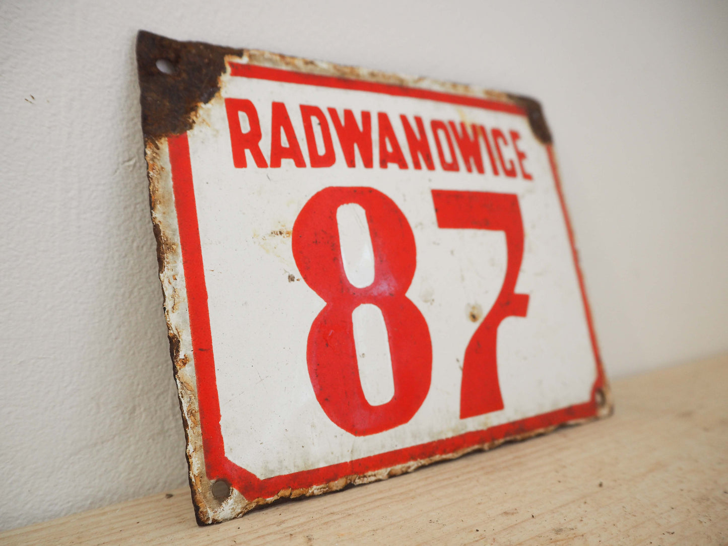 Vintage Antique Polish Metal Enamel Red and White Street Sign / Artwork
