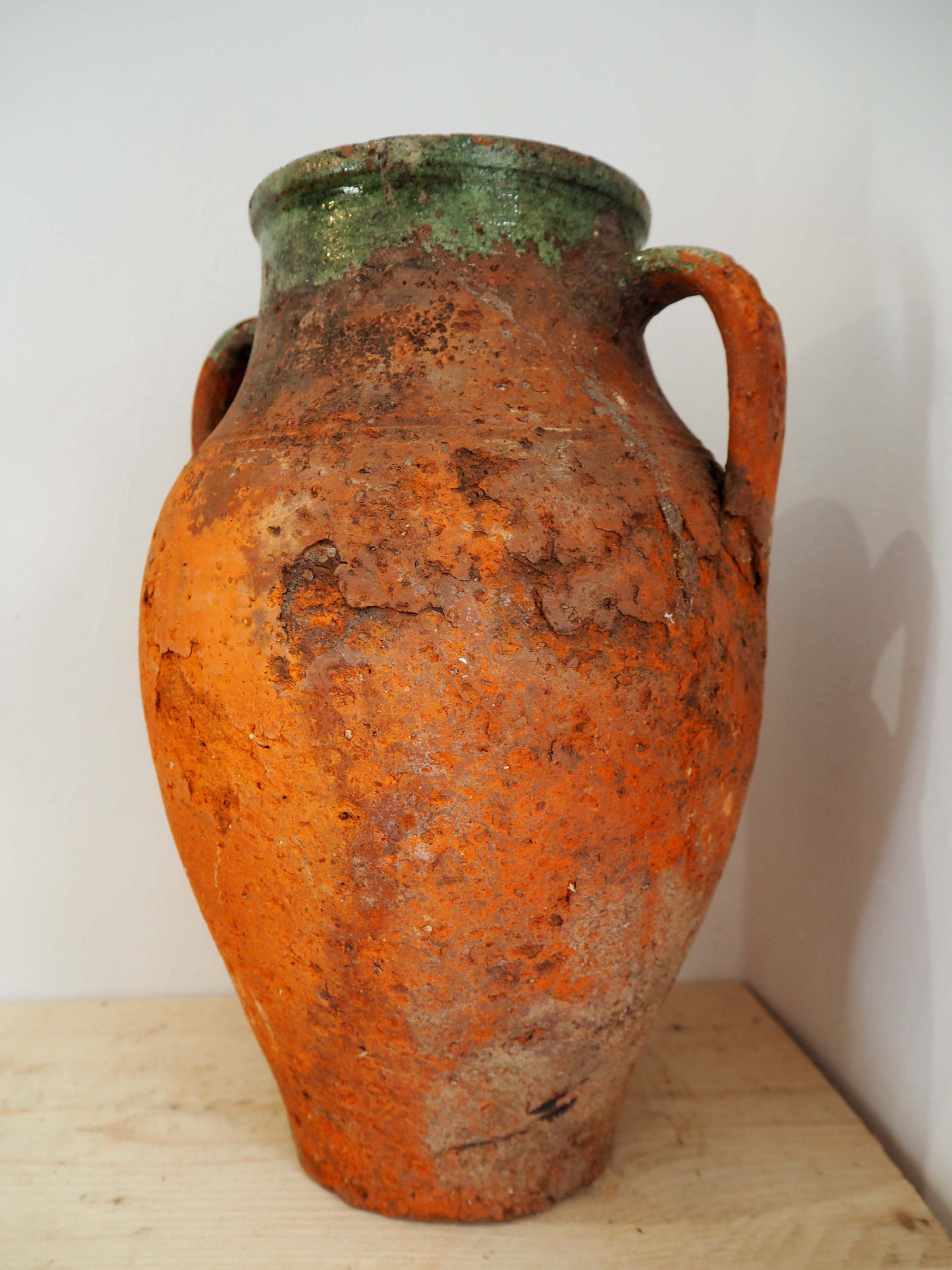Vintage Antique Terracotta Turkish Green Glazed Handle Pot / Olive Jar / Green Glazed Rim