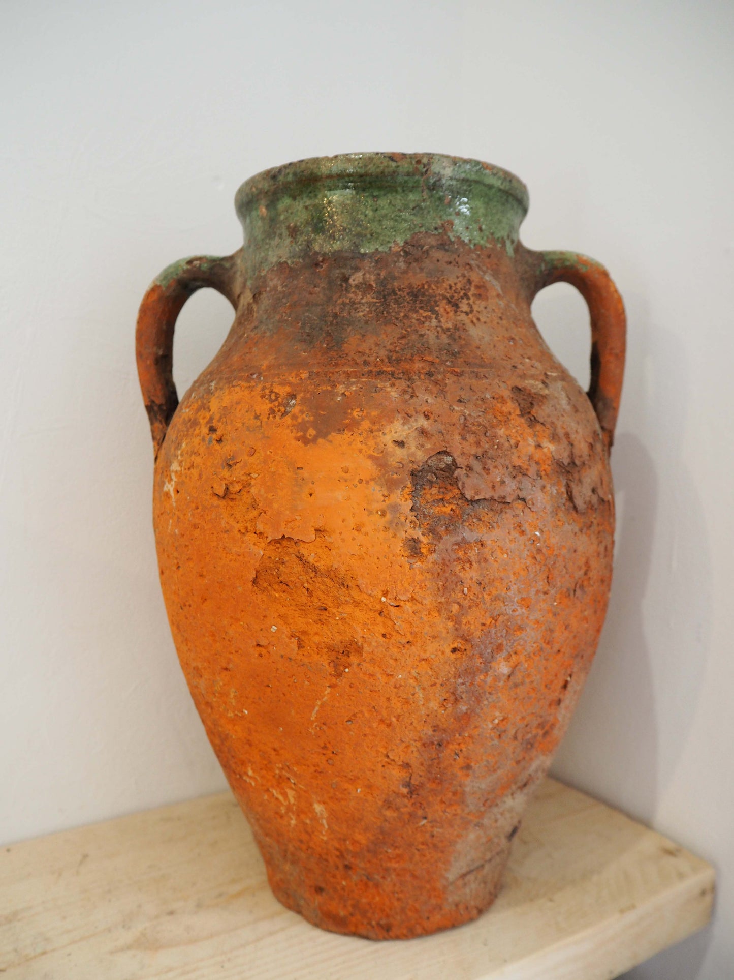 Vintage Antique Terracotta Turkish Green Glazed Handle Pot / Olive Jar / Green Glazed Rim