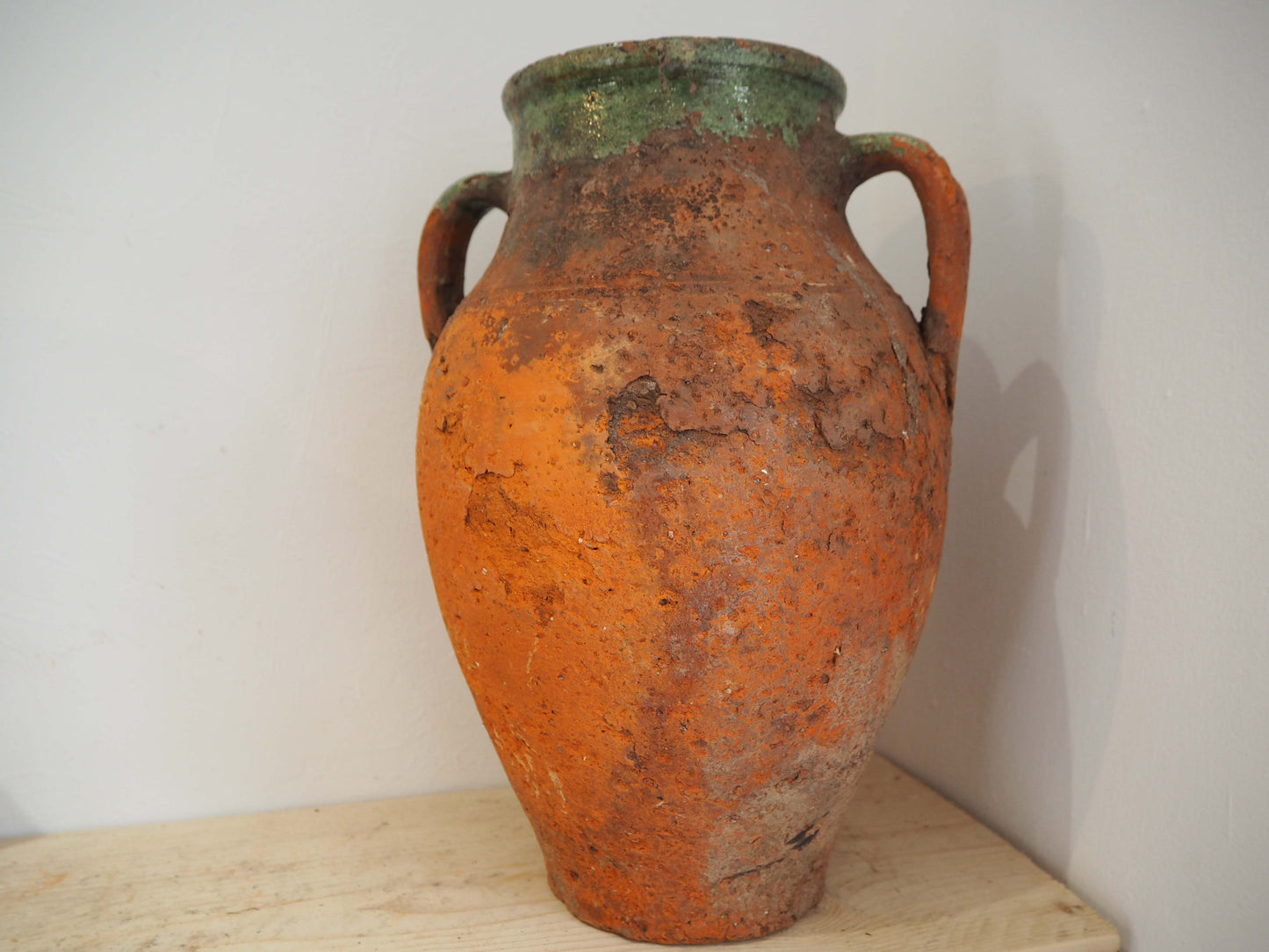 Vintage Antique Terracotta Turkish Green Glazed Handle Pot / Olive Jar / Green Glazed Rim