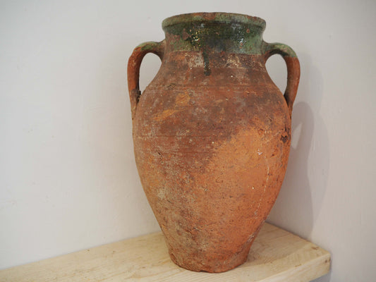 Vintage Antique Terracotta Turkish Green Glazed Handle Pot / Olive Jar / Green Glazed Rim