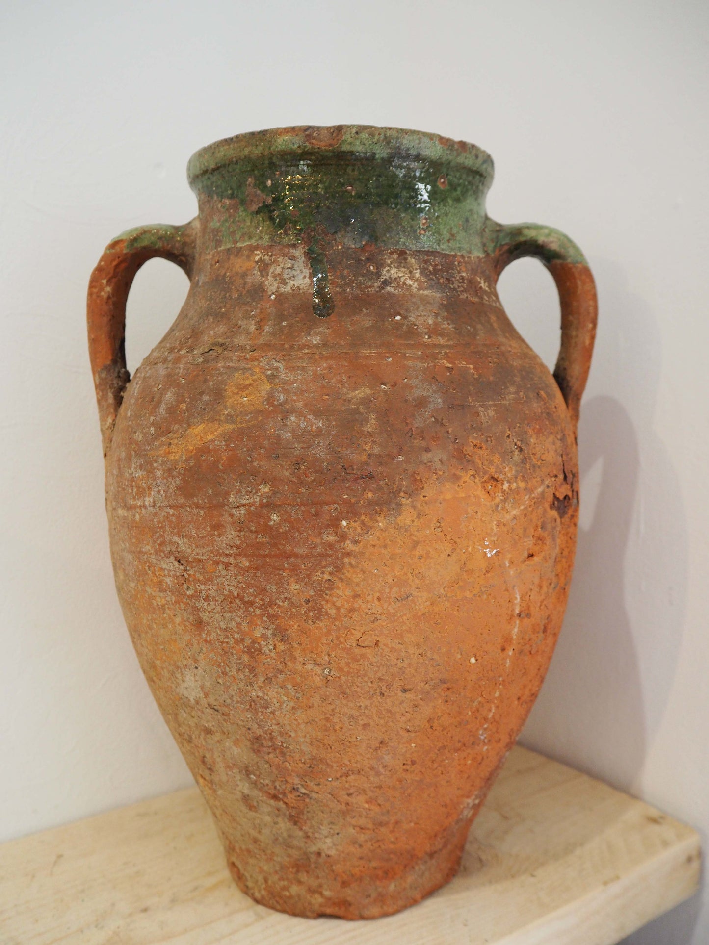 Vintage Antique Terracotta Turkish Green Glazed Handle Pot / Olive Jar / Green Glazed Rim