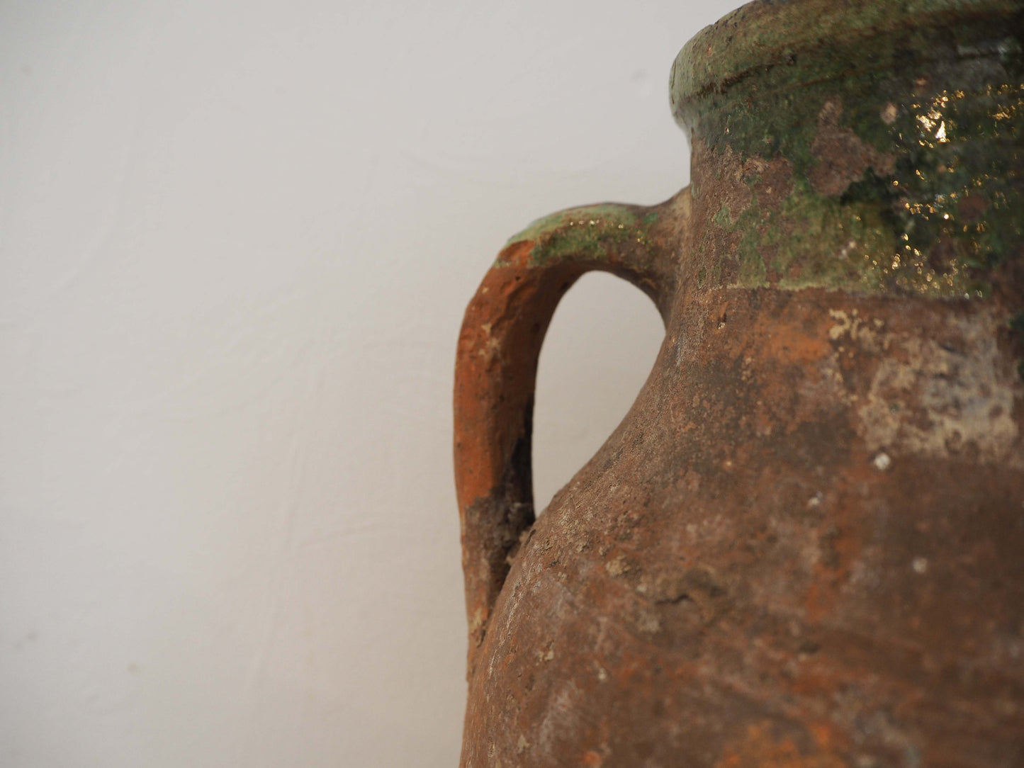 Vintage Antique Terracotta Turkish Green Glazed Handle Pot / Olive Jar / Green Glazed Rim