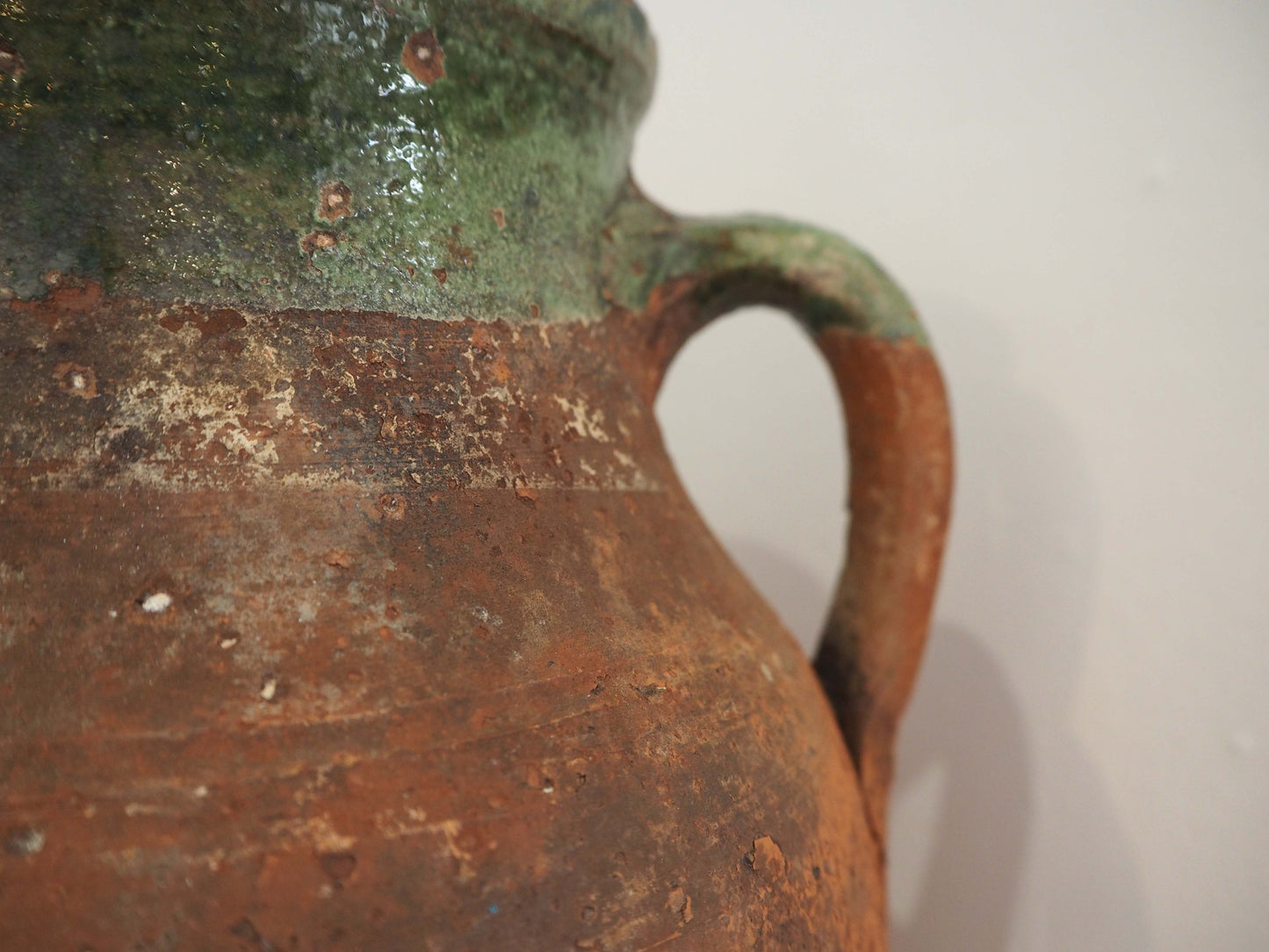 Vintage Antique Terracotta Turkish Green Glazed Handle Pot / Olive Jar / Green Glazed Rim
