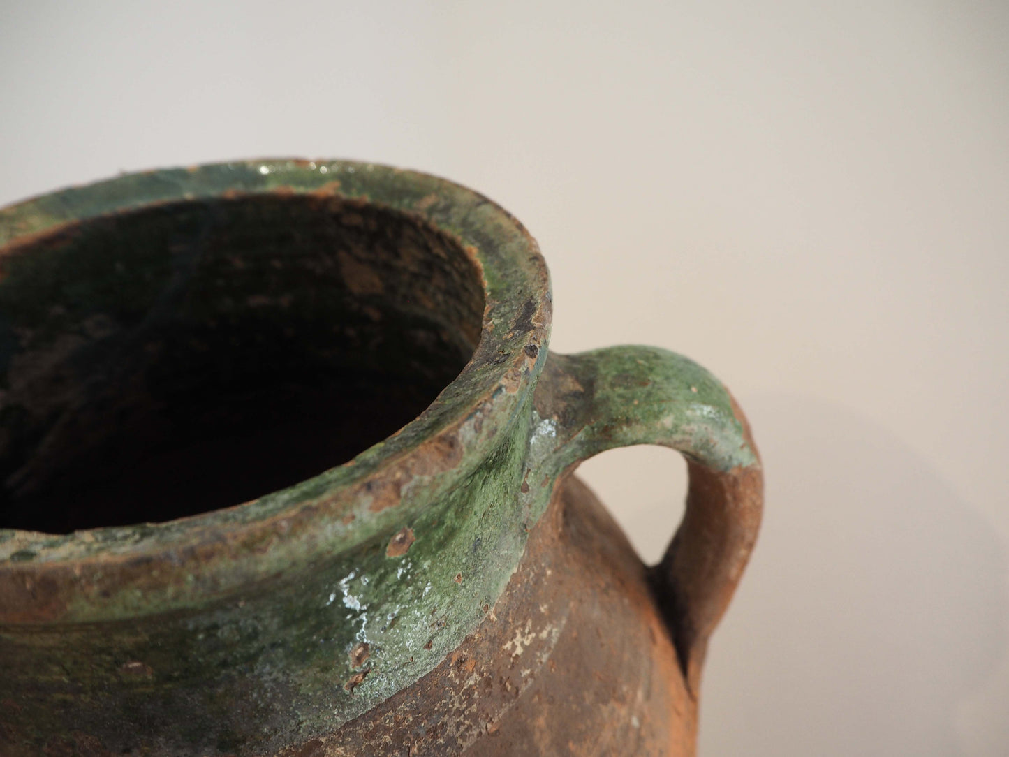 Vintage Antique Terracotta Turkish Green Glazed Handle Pot / Olive Jar / Green Glazed Rim