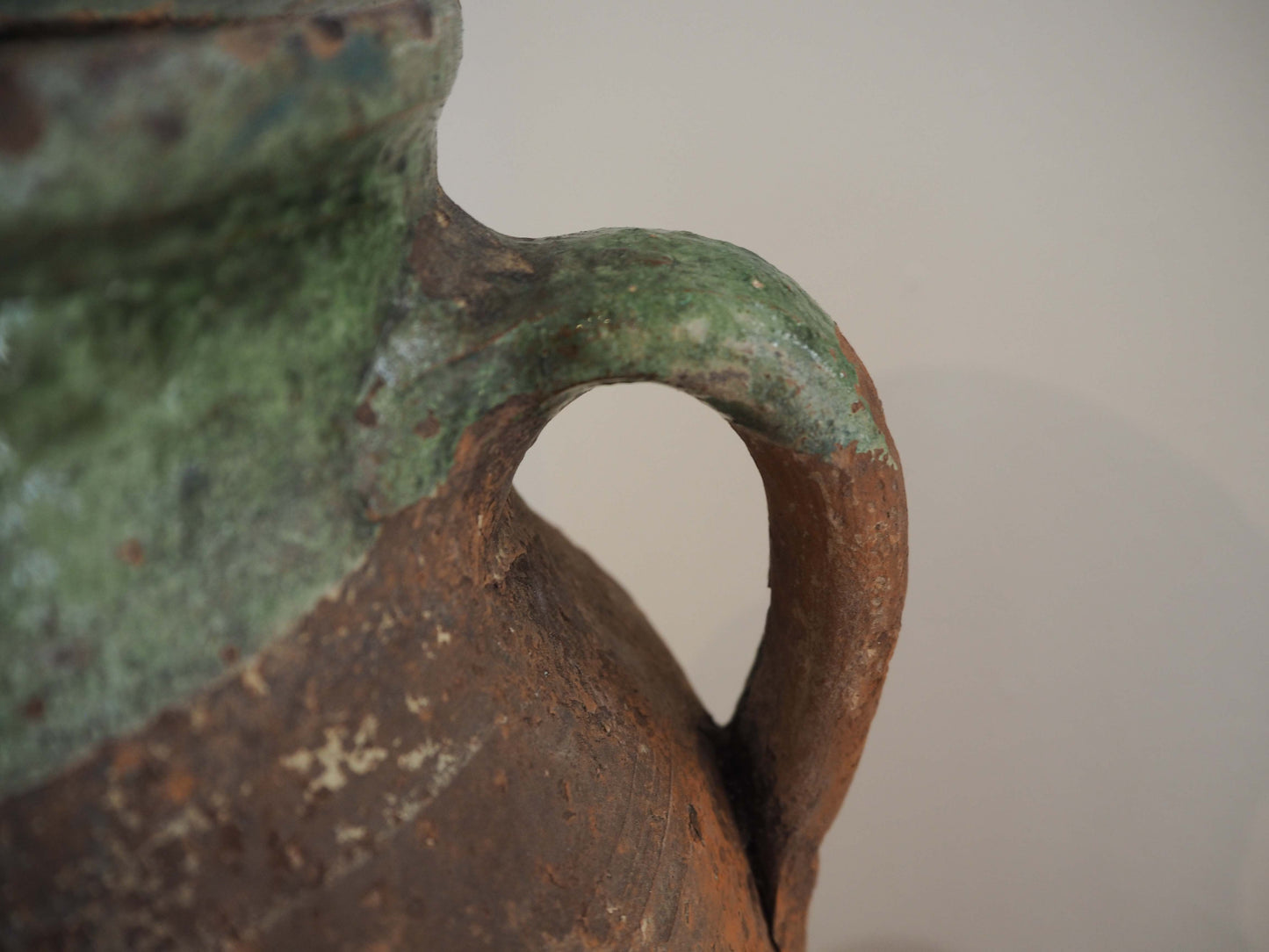 Vintage Antique Terracotta Turkish Green Glazed Handle Pot / Olive Jar / Green Glazed Rim