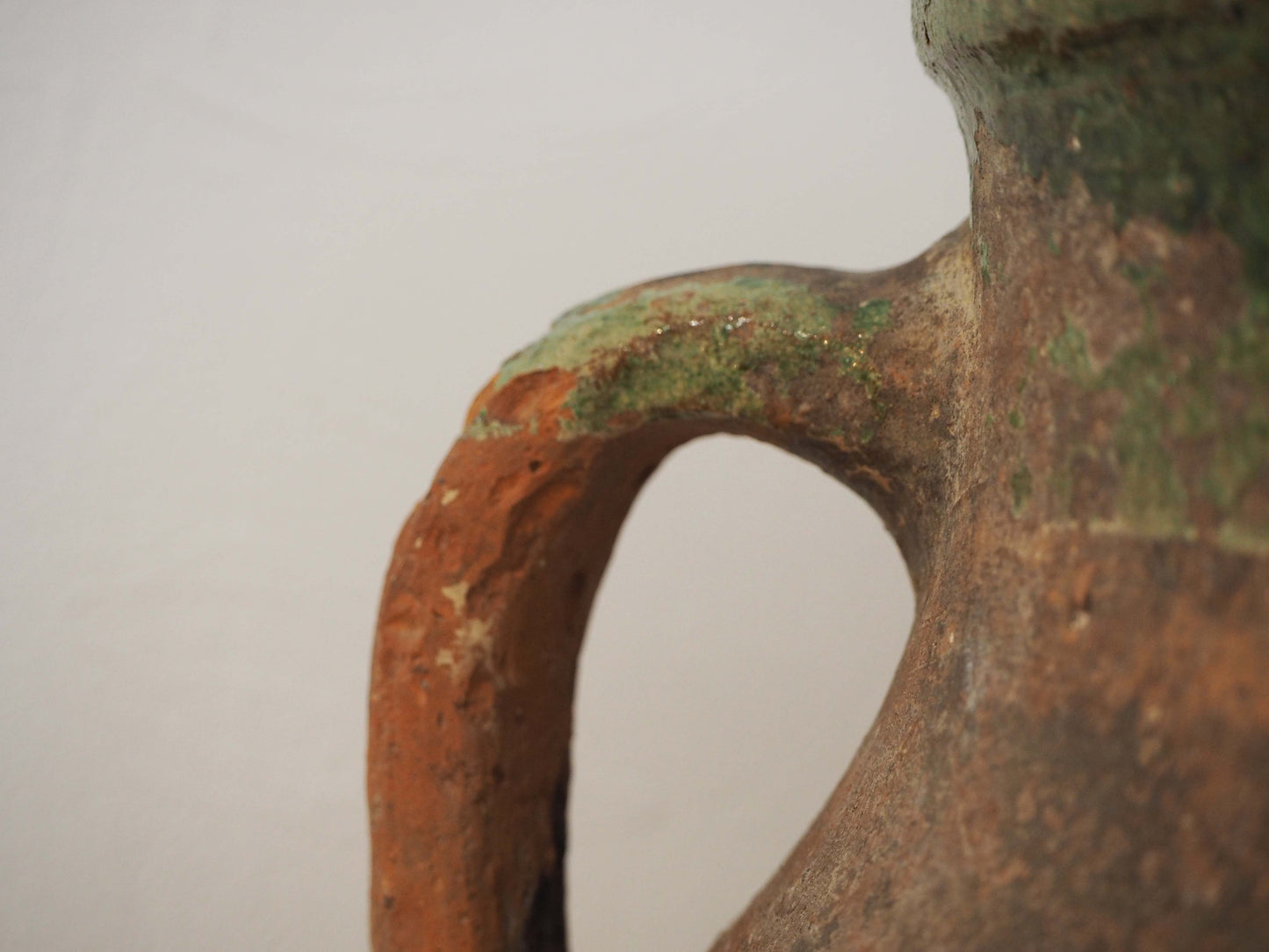 Vintage Antique Terracotta Turkish Green Glazed Handle Pot / Olive Jar / Green Glazed Rim