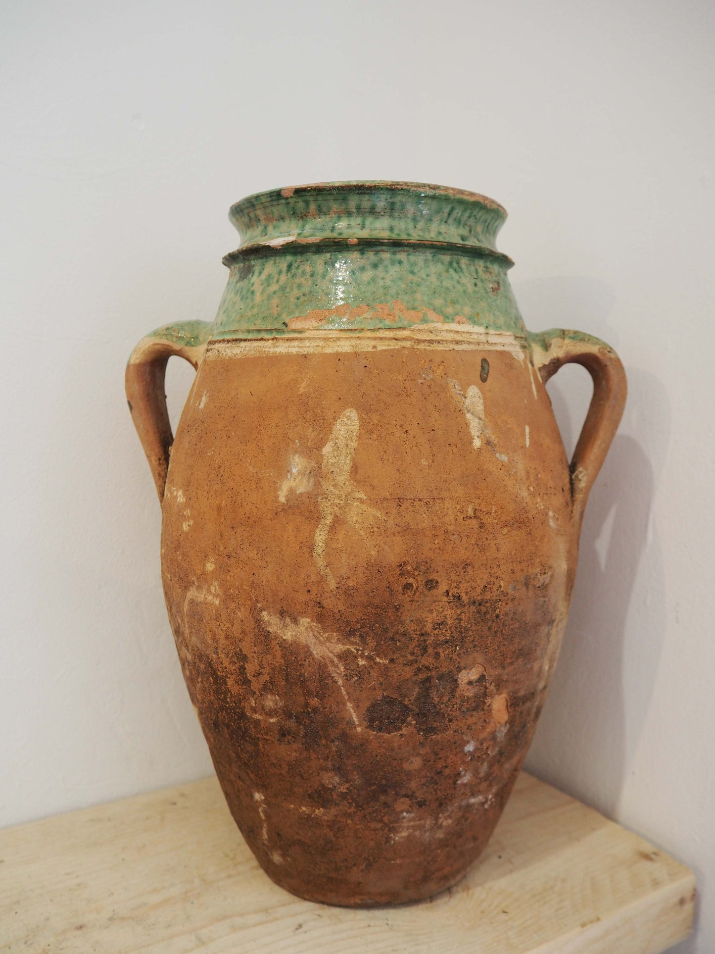 Vintage Antique Terracotta Turkish Green Glazed Handle Pot / Olive Jar / Green Glazed Rim