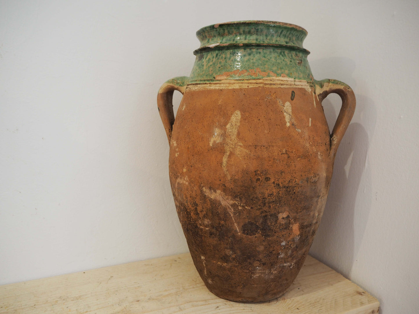 Vintage Antique Terracotta Turkish Green Glazed Handle Pot / Olive Jar / Green Glazed Rim