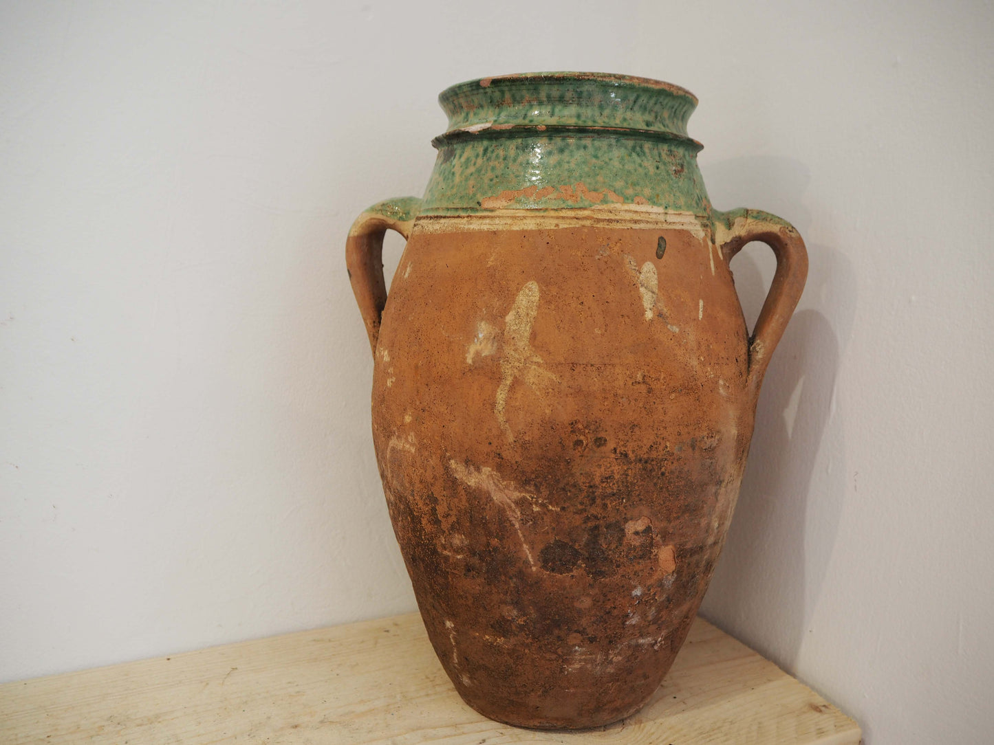 Vintage Antique Terracotta Turkish Green Glazed Handle Pot / Olive Jar / Green Glazed Rim