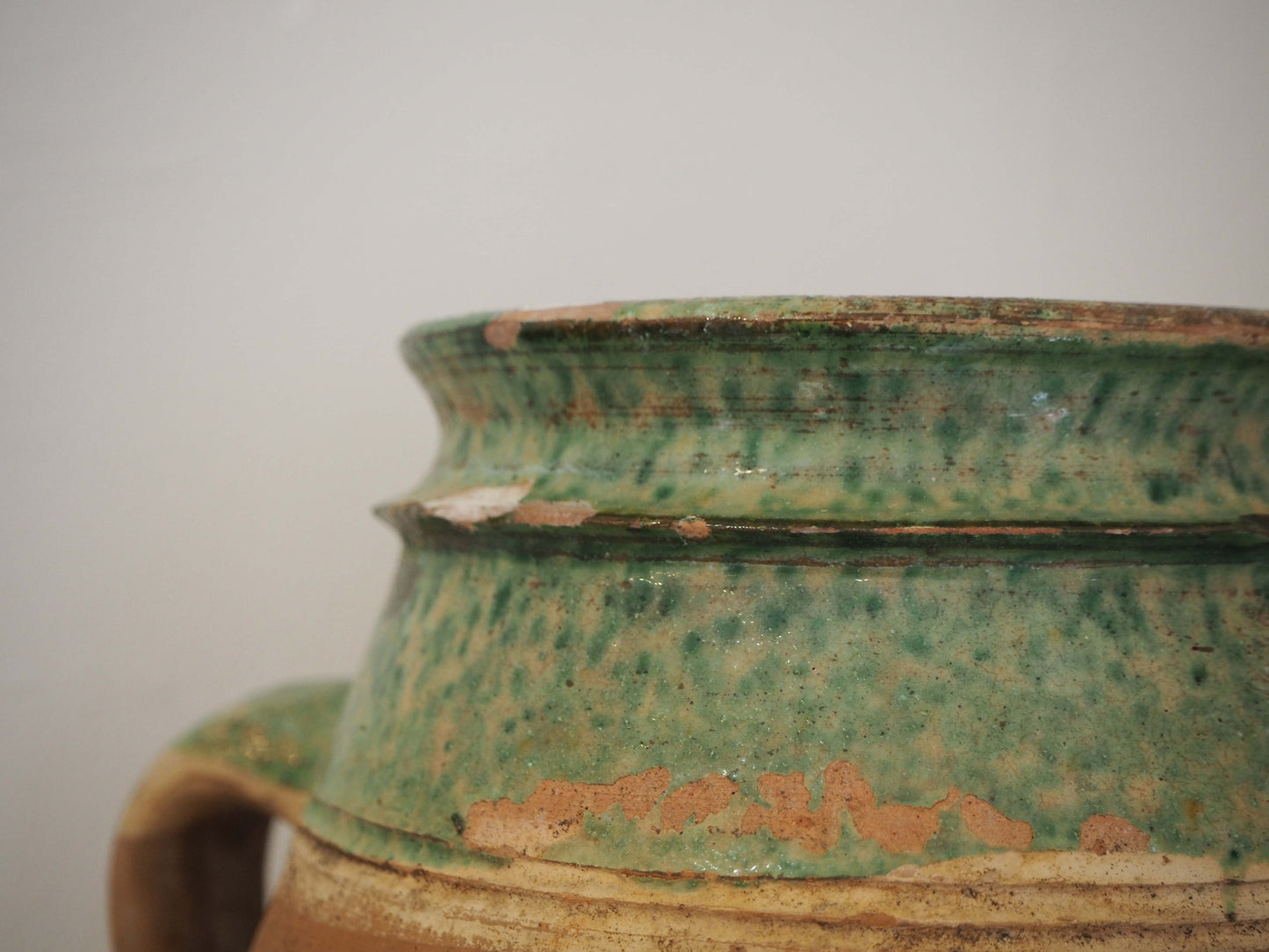 Vintage Antique Terracotta Turkish Green Glazed Handle Pot / Olive Jar / Green Glazed Rim