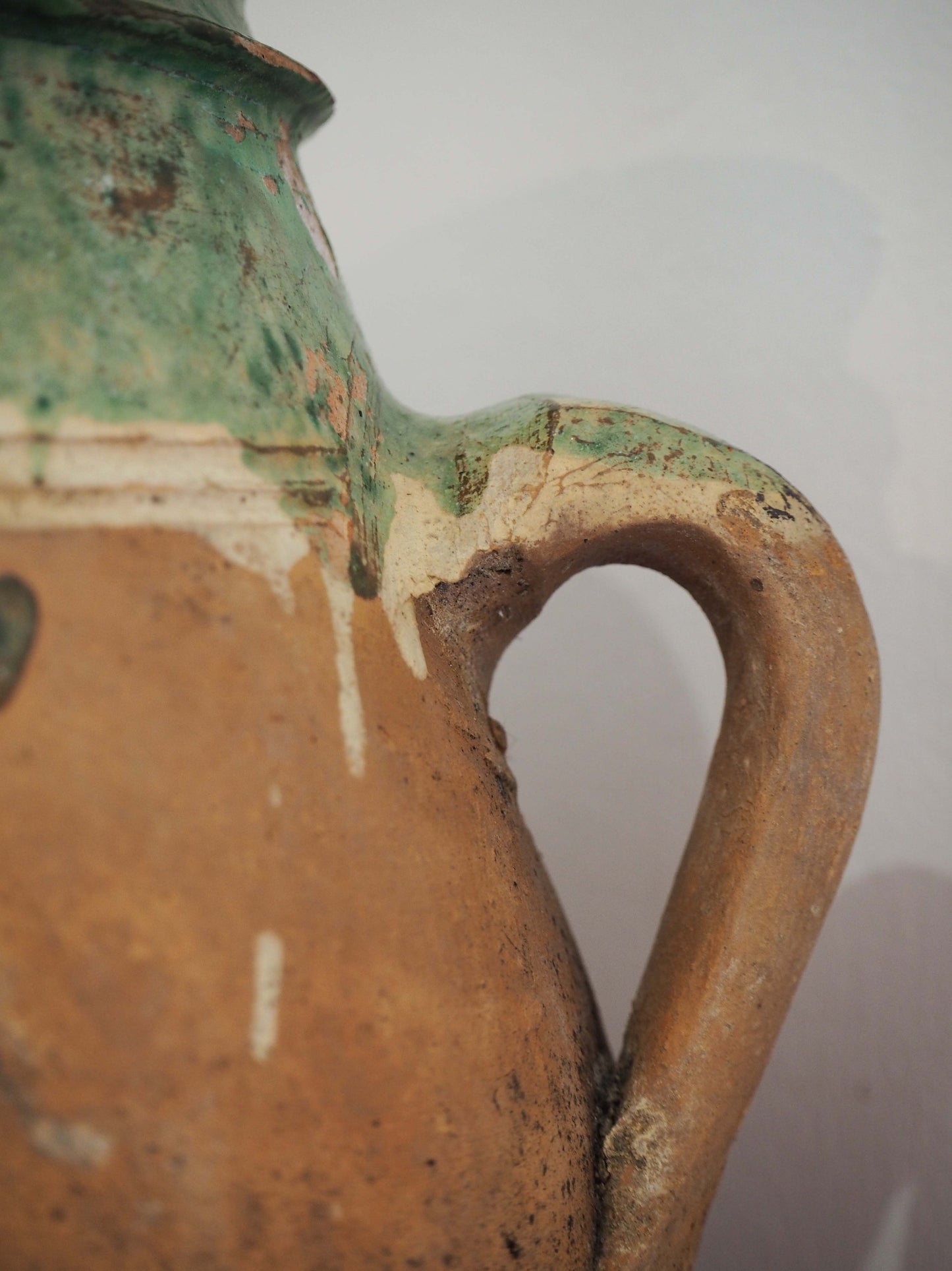 Vintage Antique Terracotta Turkish Green Glazed Handle Pot / Olive Jar / Green Glazed Rim