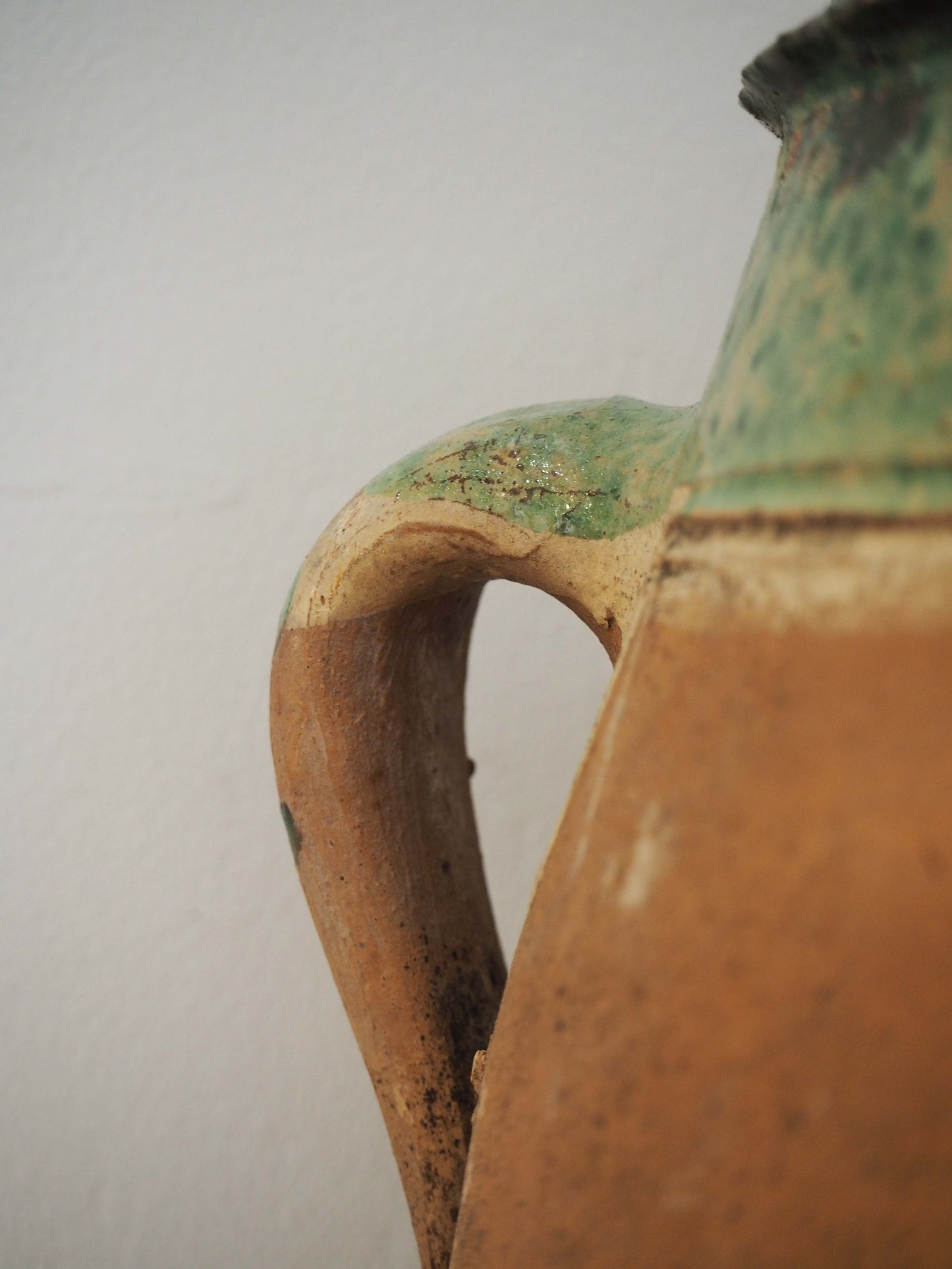 Vintage Antique Terracotta Turkish Green Glazed Handle Pot / Olive Jar / Green Glazed Rim