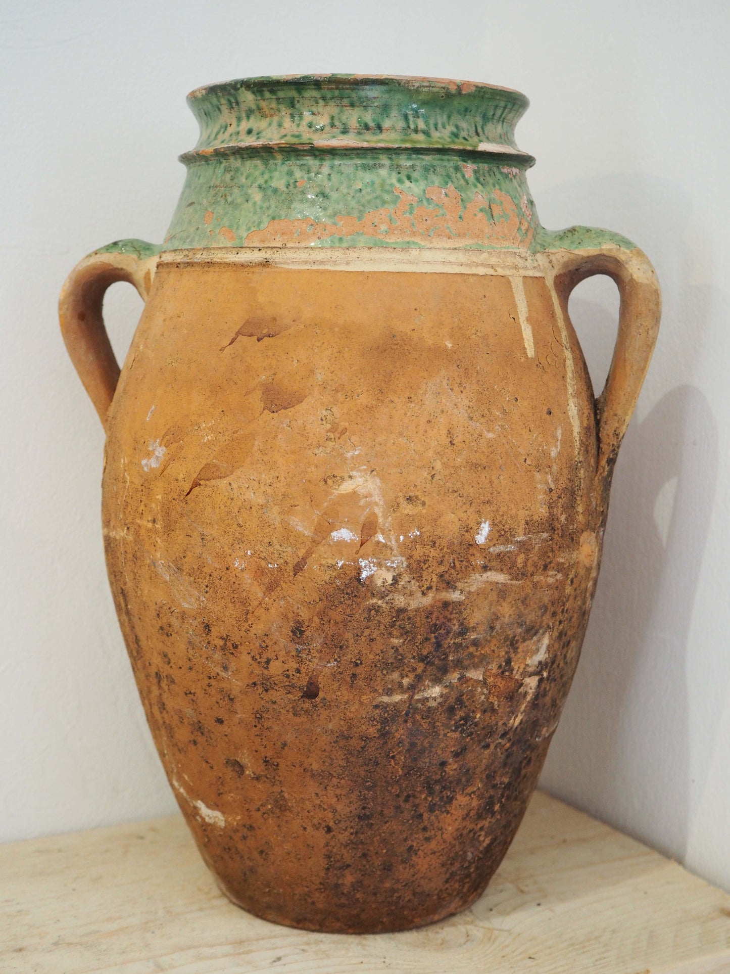 Vintage Antique Terracotta Turkish Green Glazed Handle Pot / Olive Jar / Green Glazed Rim