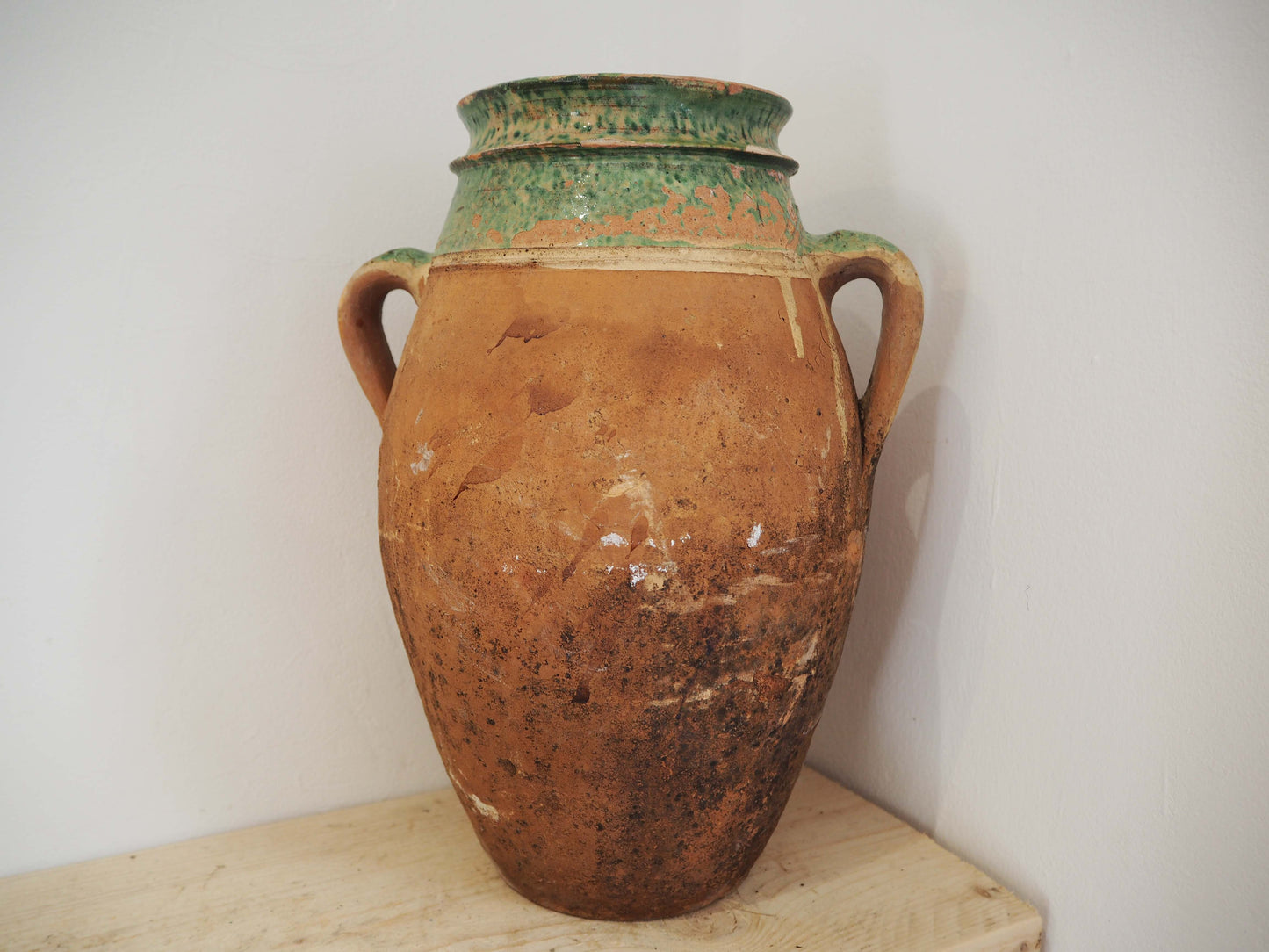 Vintage Antique Terracotta Turkish Green Glazed Handle Pot / Olive Jar / Green Glazed Rim