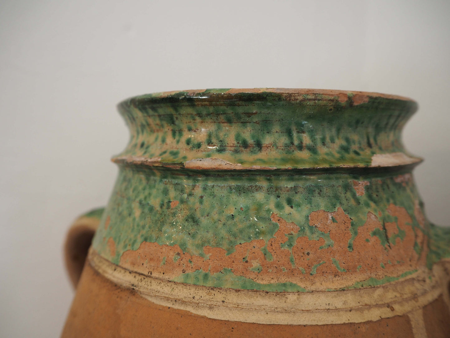 Vintage Antique Terracotta Turkish Green Glazed Handle Pot / Olive Jar / Green Glazed Rim