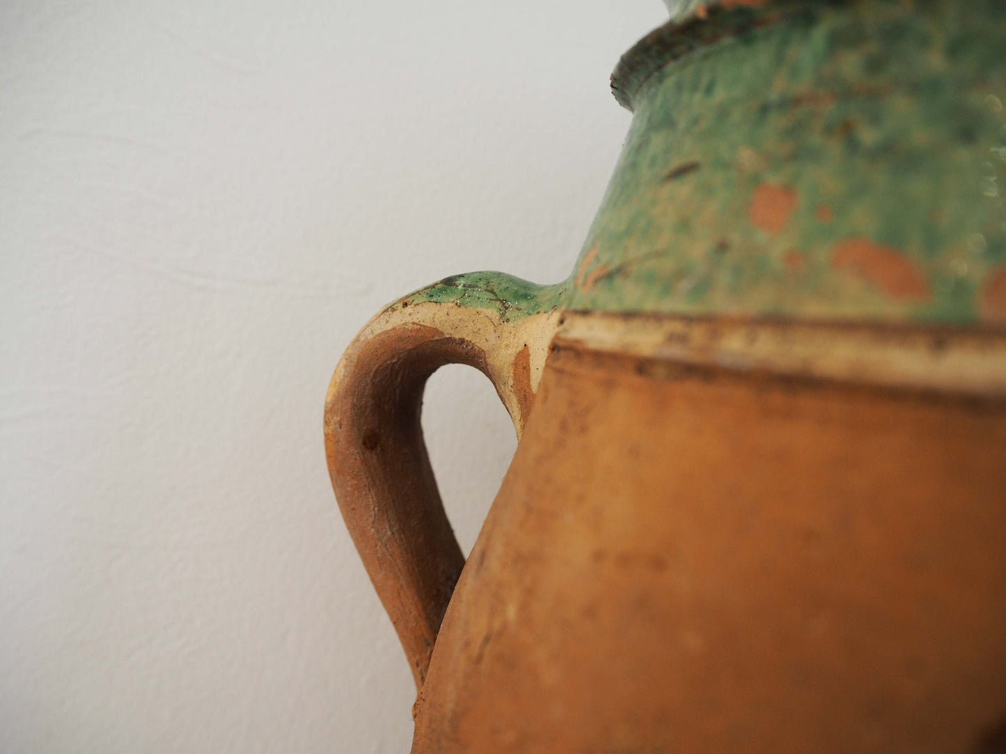Vintage Antique Terracotta Turkish Green Glazed Handle Pot / Olive Jar / Green Glazed Rim