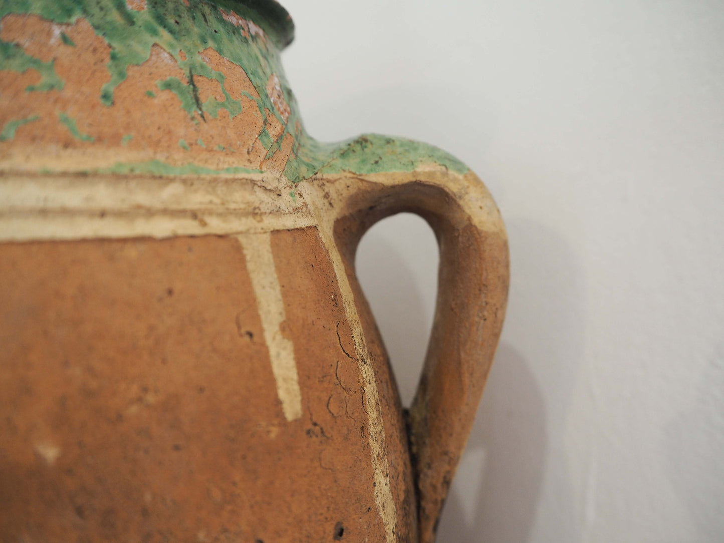 Vintage Antique Terracotta Turkish Green Glazed Handle Pot / Olive Jar / Green Glazed Rim