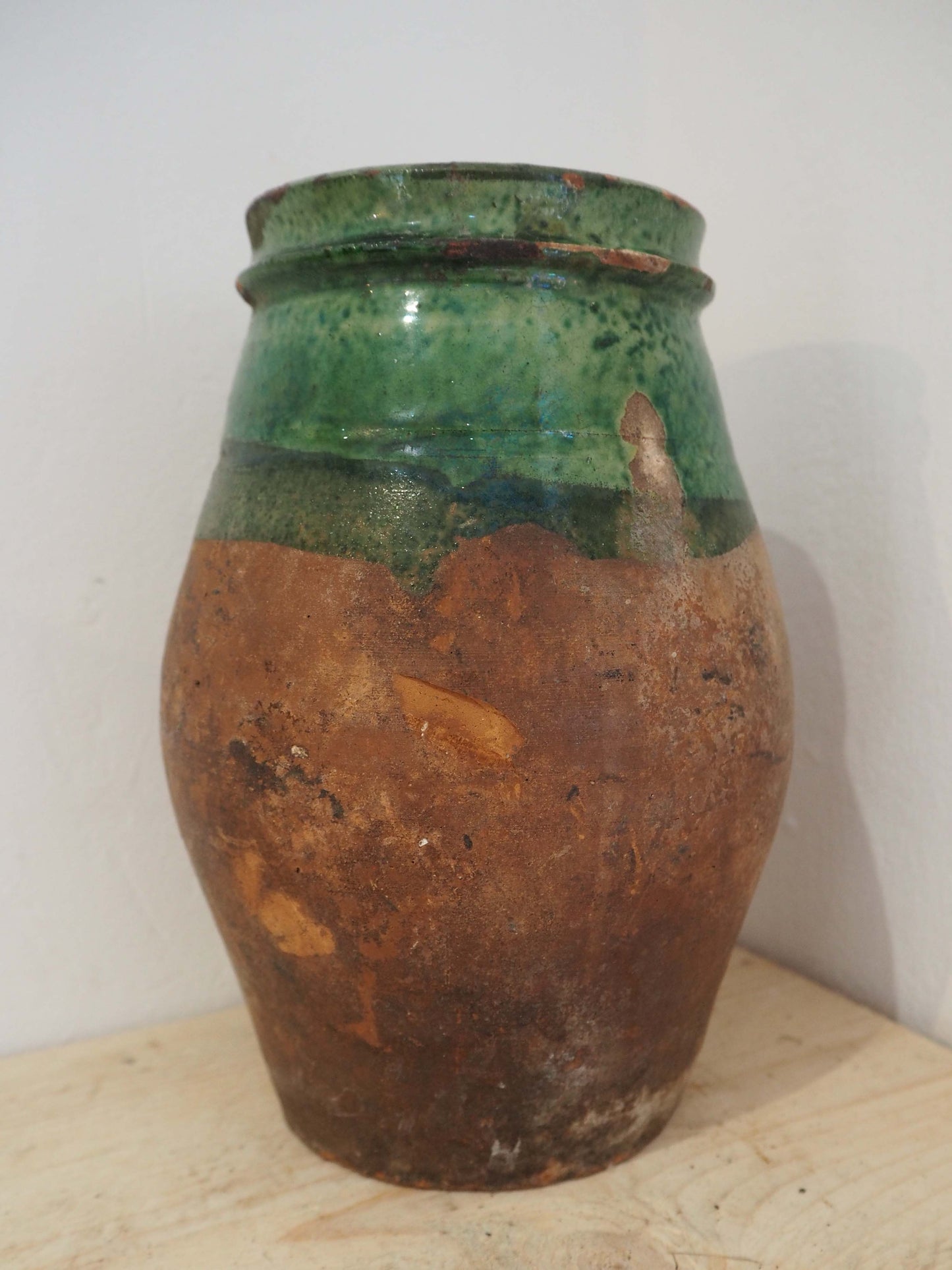 Vintage Antique Terracotta Turkish Green Glazed Handle Pot / Olive Jar / Green Glazed Rim