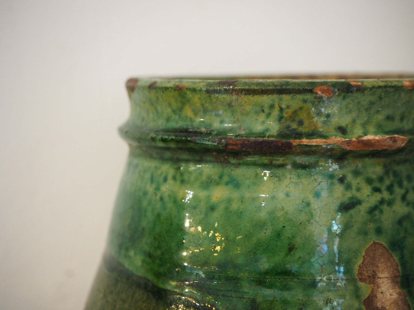 Vintage Antique Terracotta Turkish Green Glazed Handle Pot / Olive Jar / Green Glazed Rim