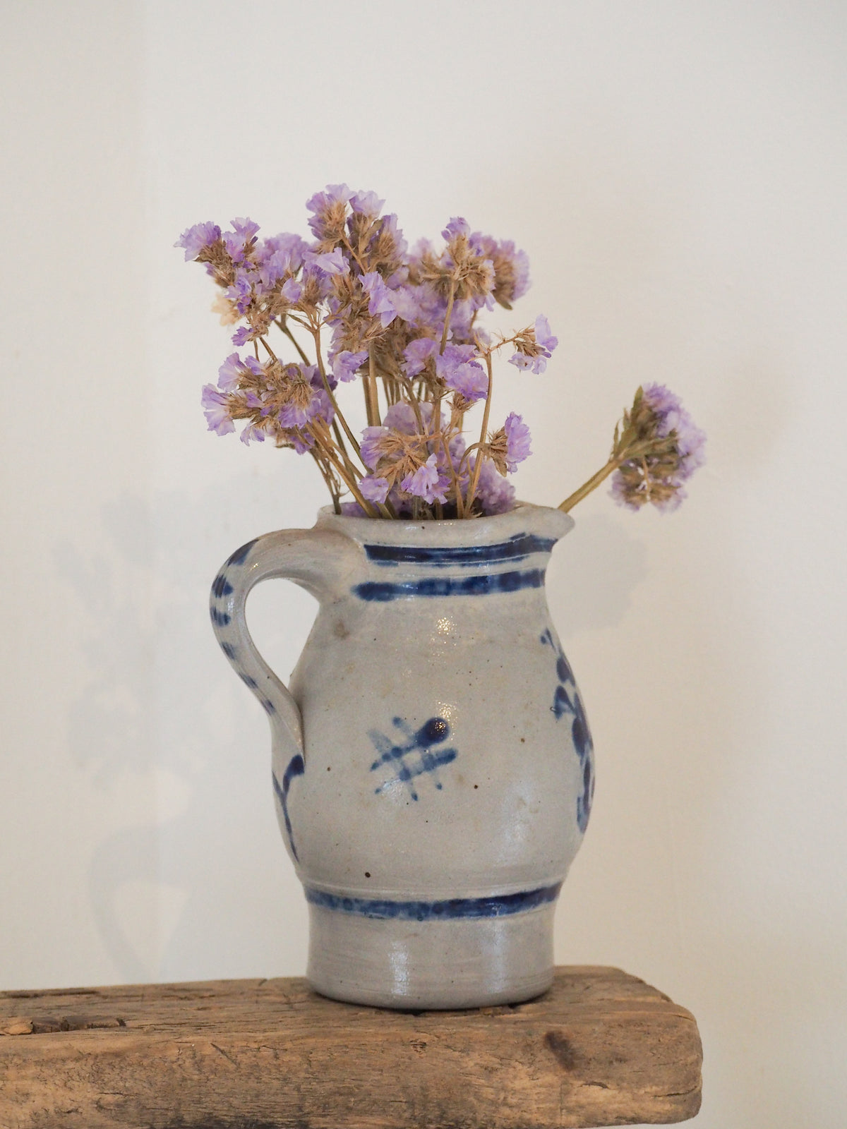 Vintage French Salt-Glazed Blue and White Stoneware Jug / Hand-Painted Pitcher